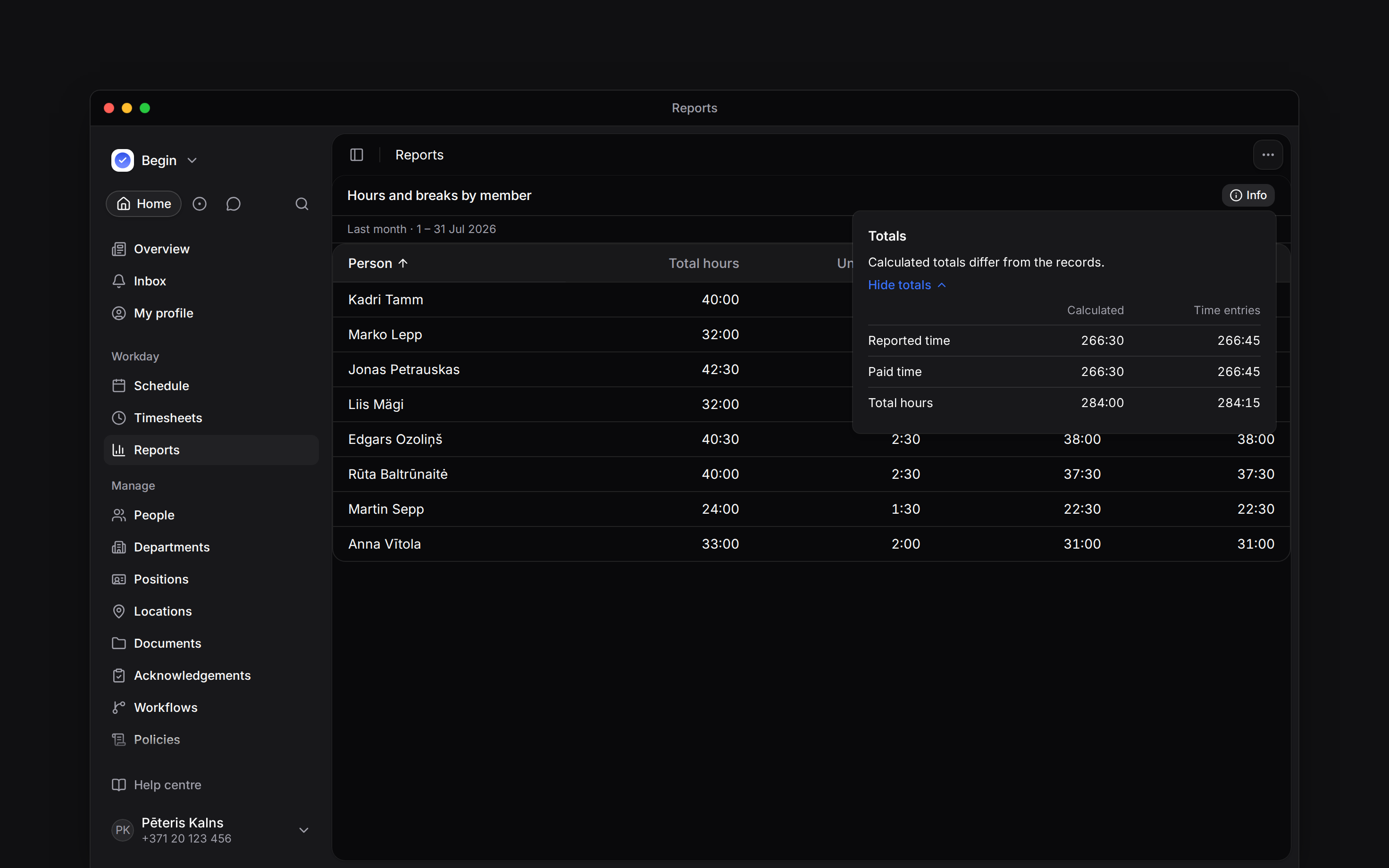 The Info panel open beside a report table, showing the totals comparison