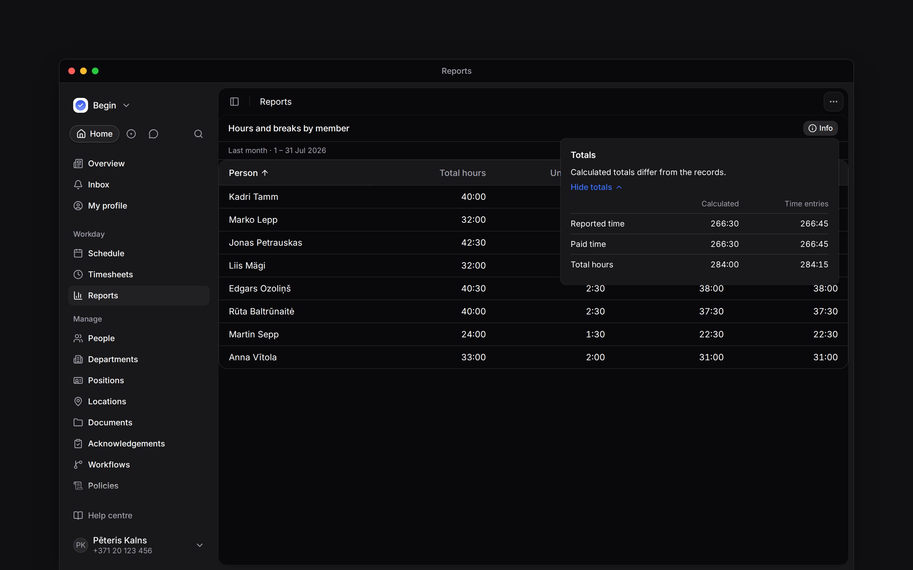 The Info panel open beside a report table, showing the totals comparison