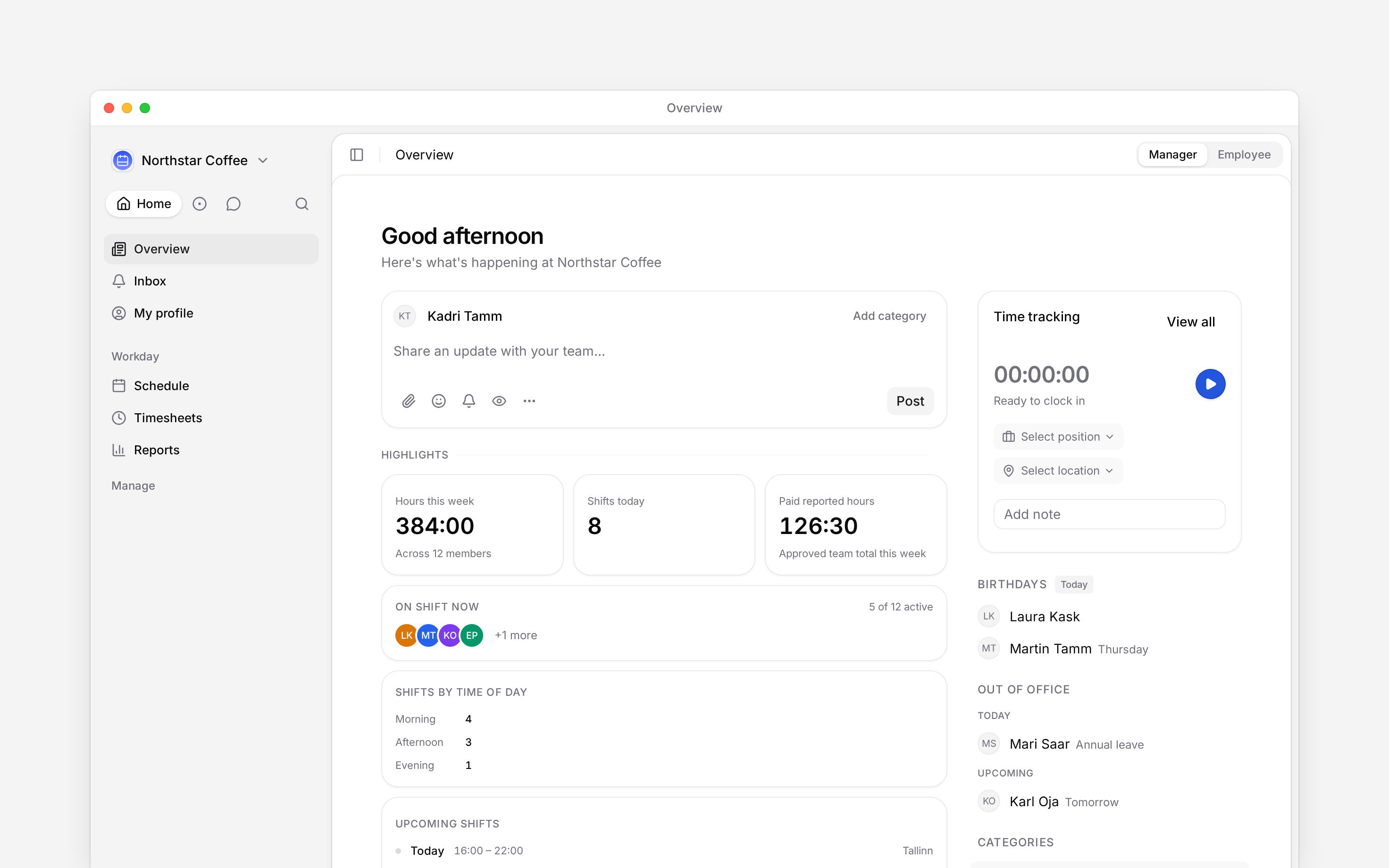 Begin Overview in Manager view with cards for shifts today, people on shift now and shifts by time of day