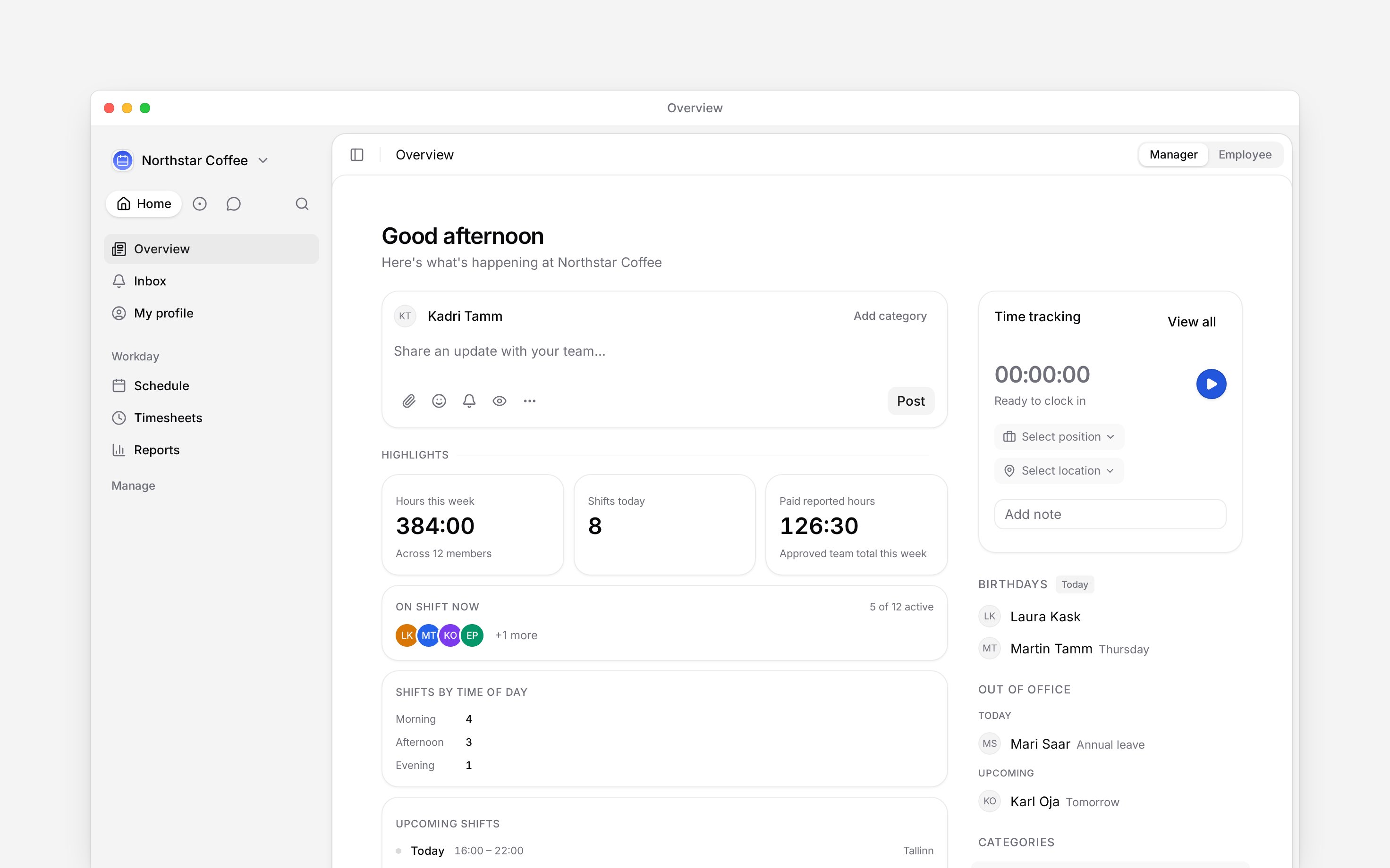 Begin Overview in Manager view with cards for shifts today, people on shift now and shifts by time of day