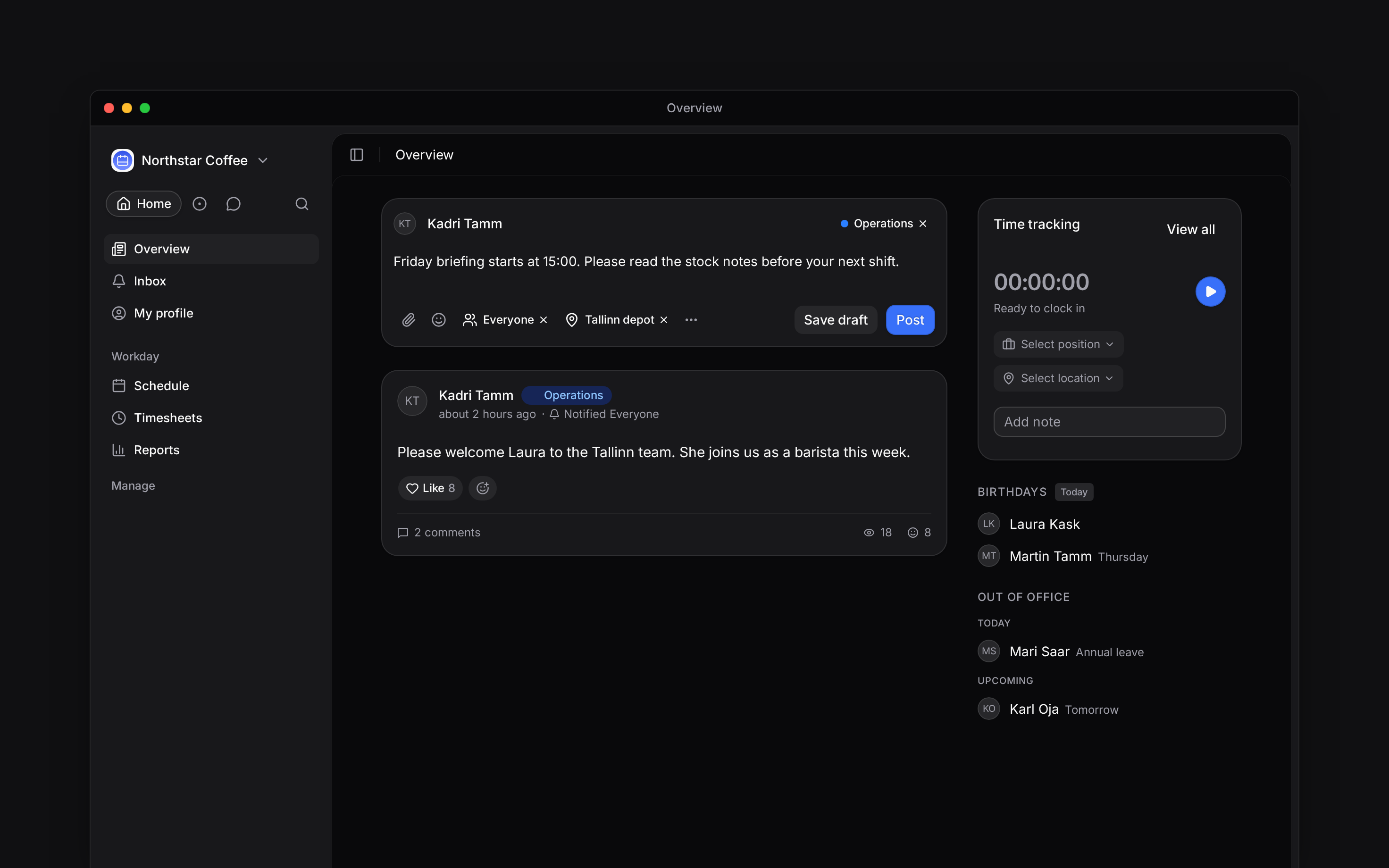 Begin post composer with an Operations category, a Tallinn visibility group and Notify everyone selected