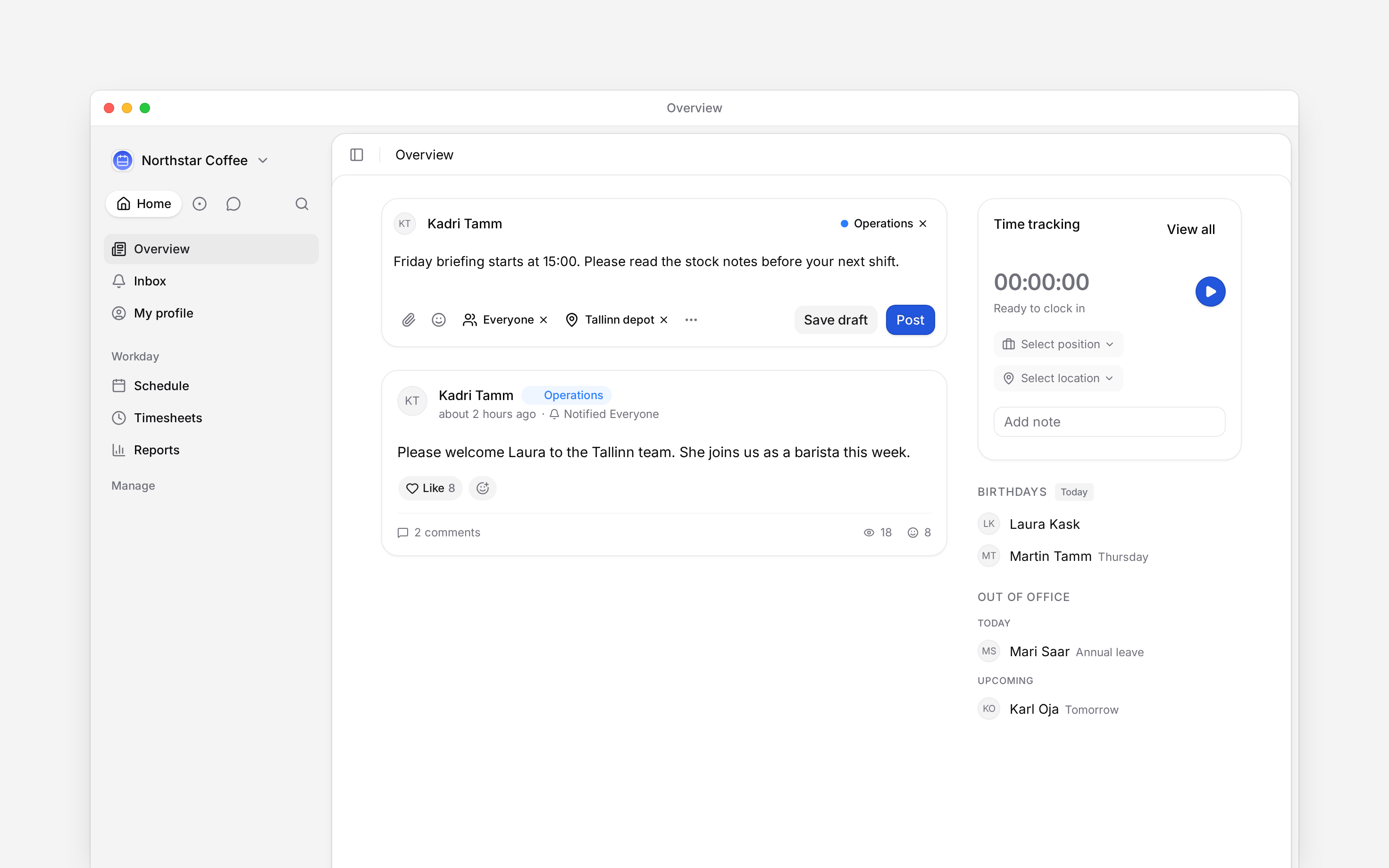 Begin post composer with an Operations category, a Tallinn visibility group and Notify everyone selected