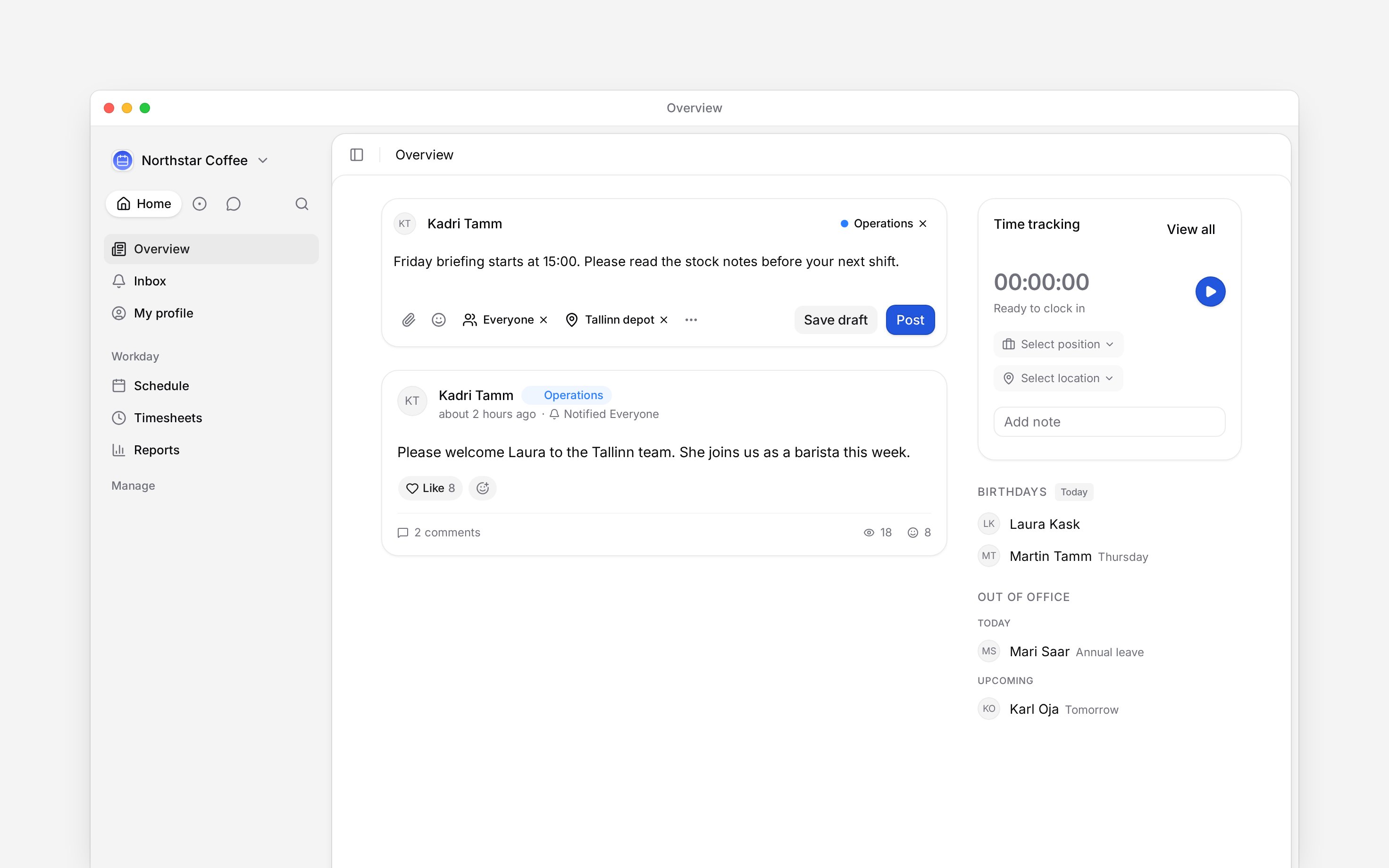 Begin post composer with an Operations category, a Tallinn visibility group and Notify everyone selected