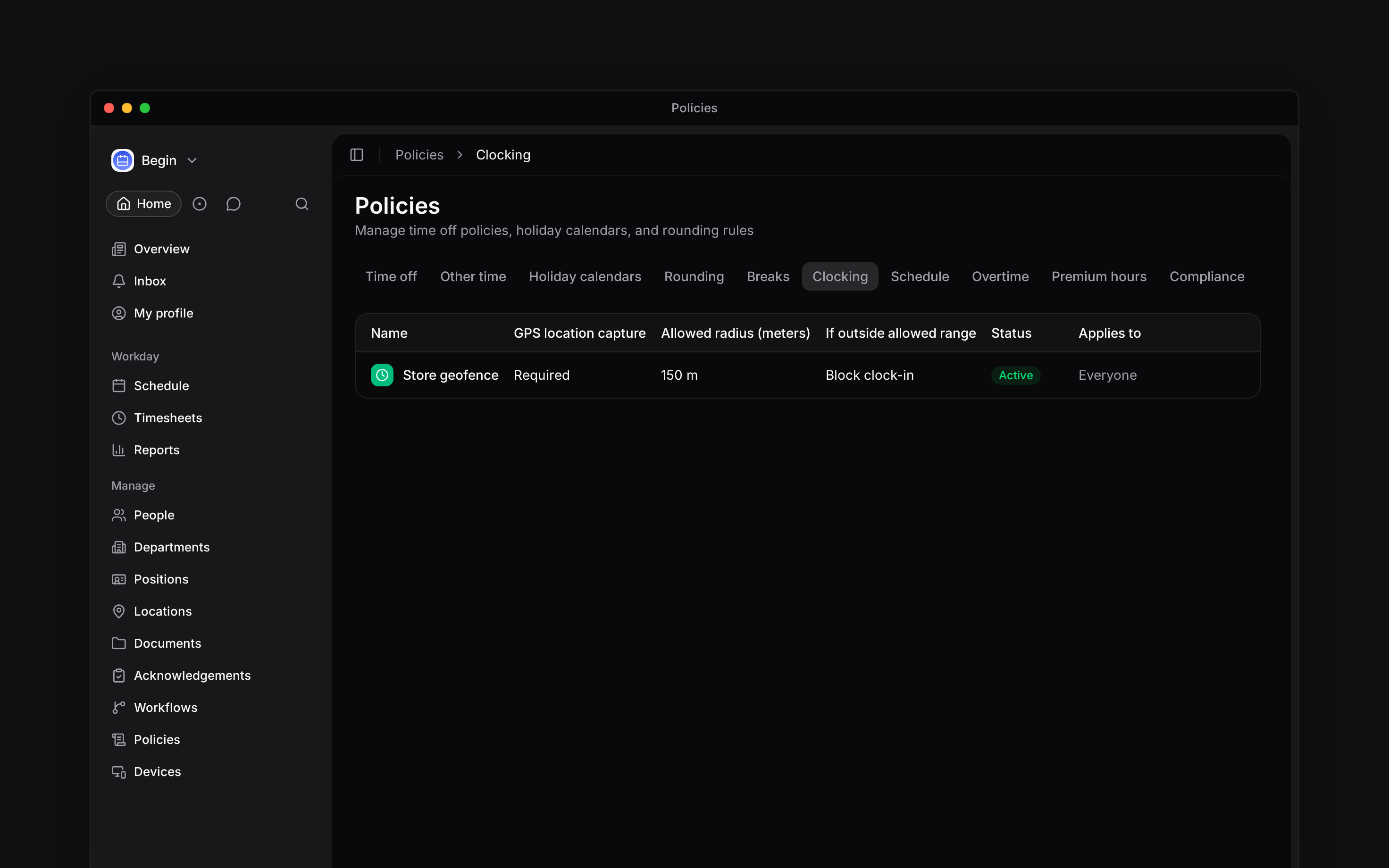 The Clocking tab listing location capture, radius and enforcement