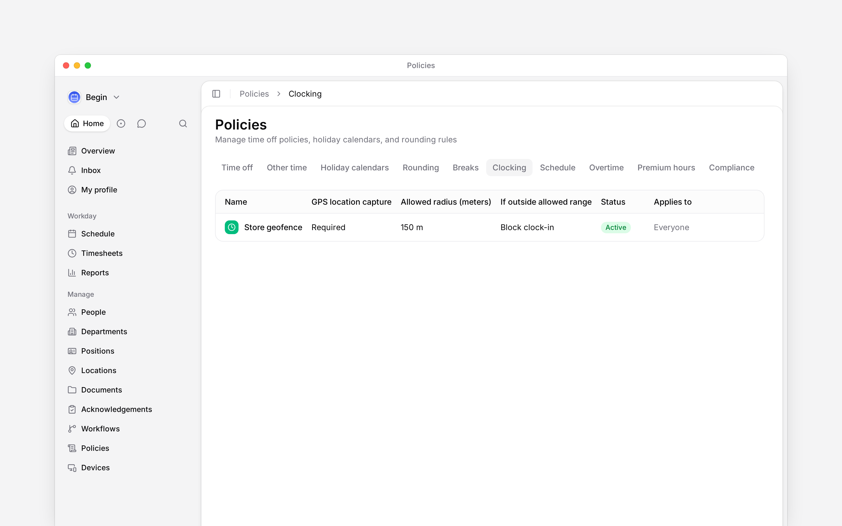 The Clocking tab listing location capture, radius and enforcement