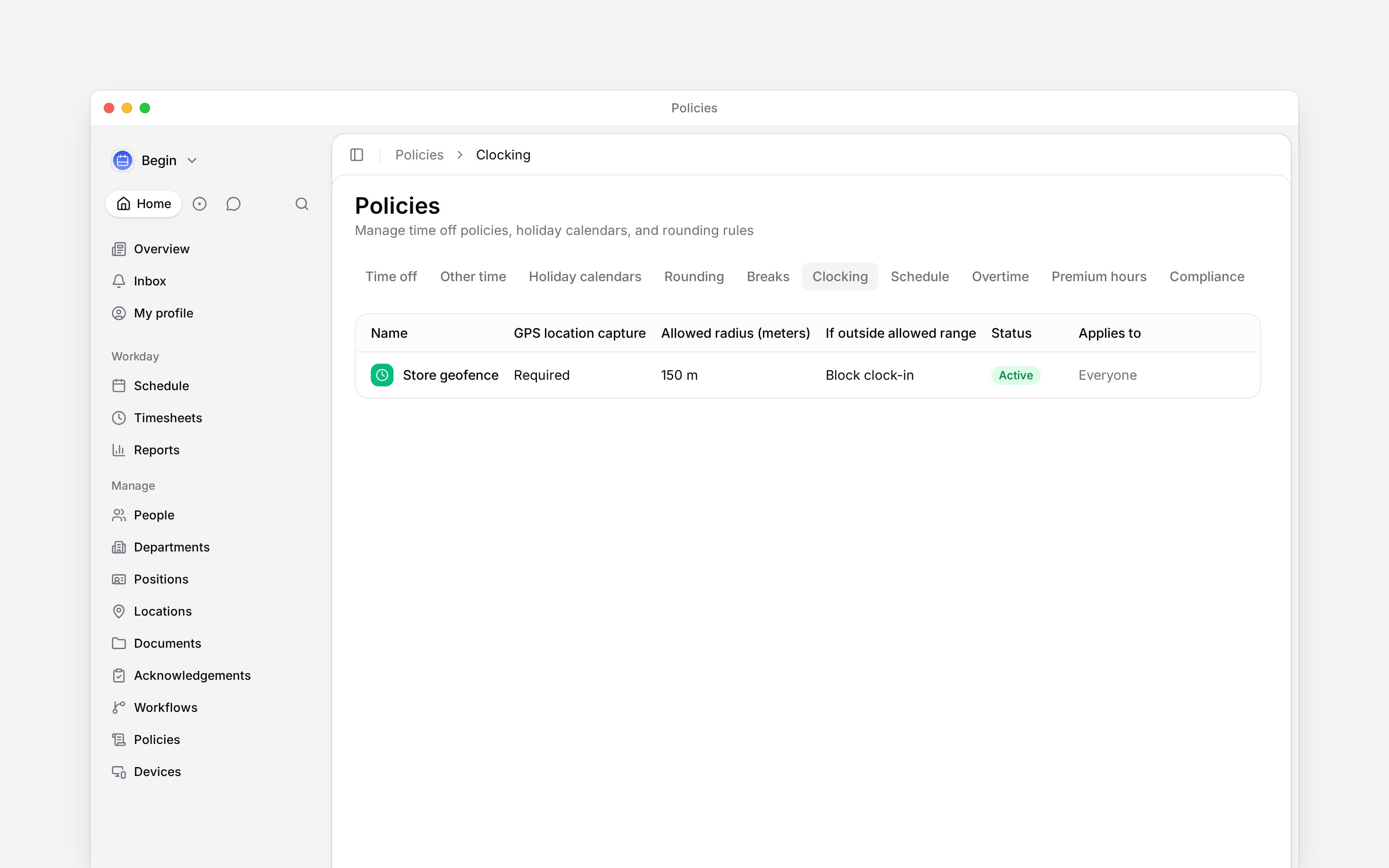 The Clocking tab listing location capture, radius and enforcement