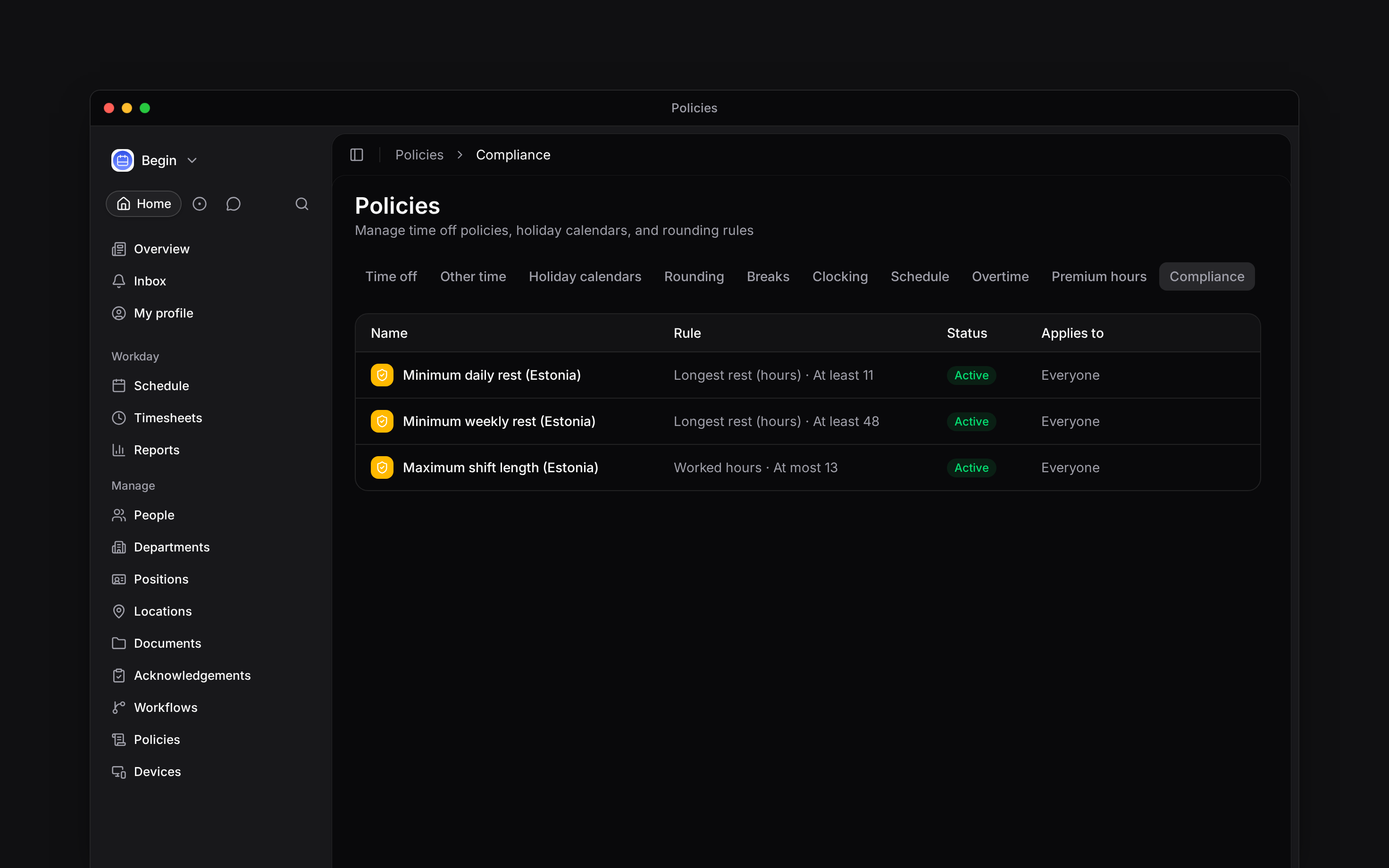 The Compliance tab listing configured rest and working-hour rules