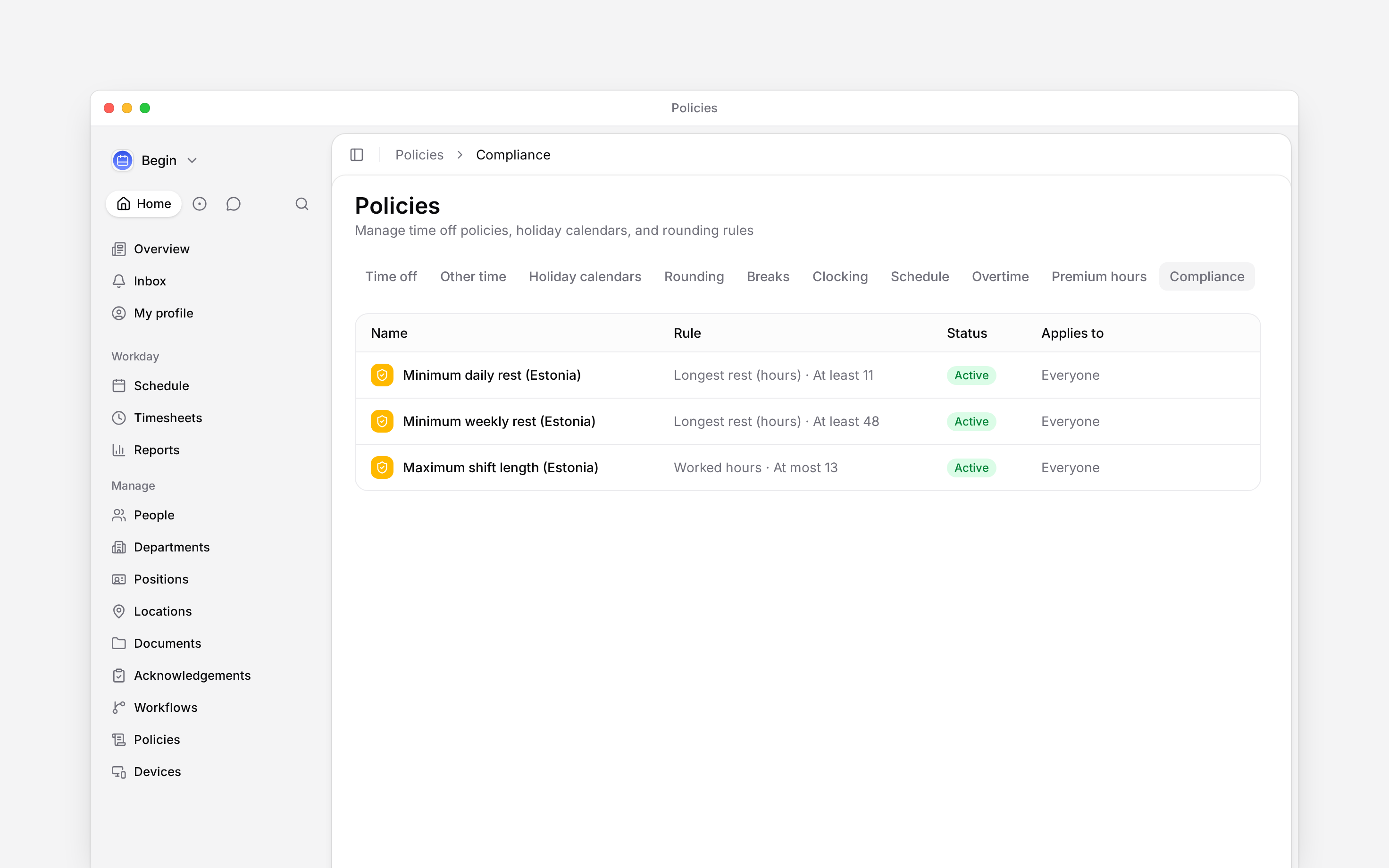 The Compliance tab listing configured rest and working-hour rules
