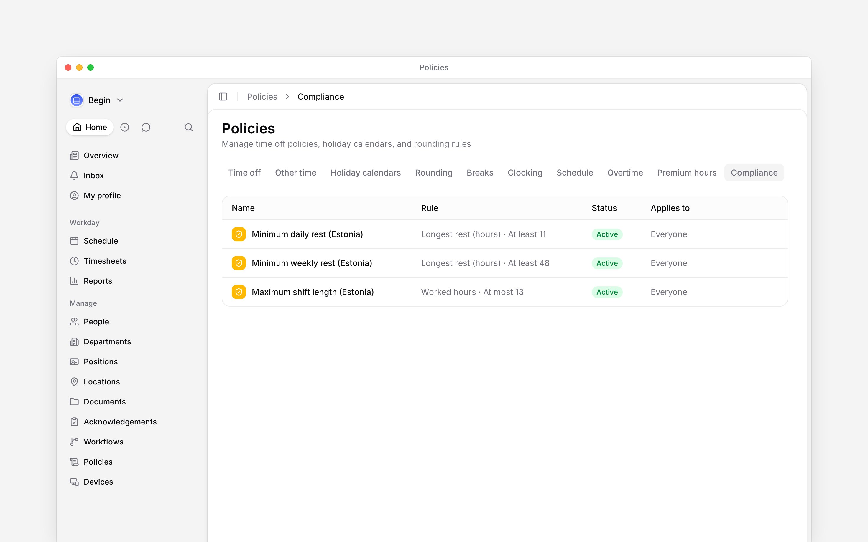The Compliance tab listing configured rest and working-hour rules
