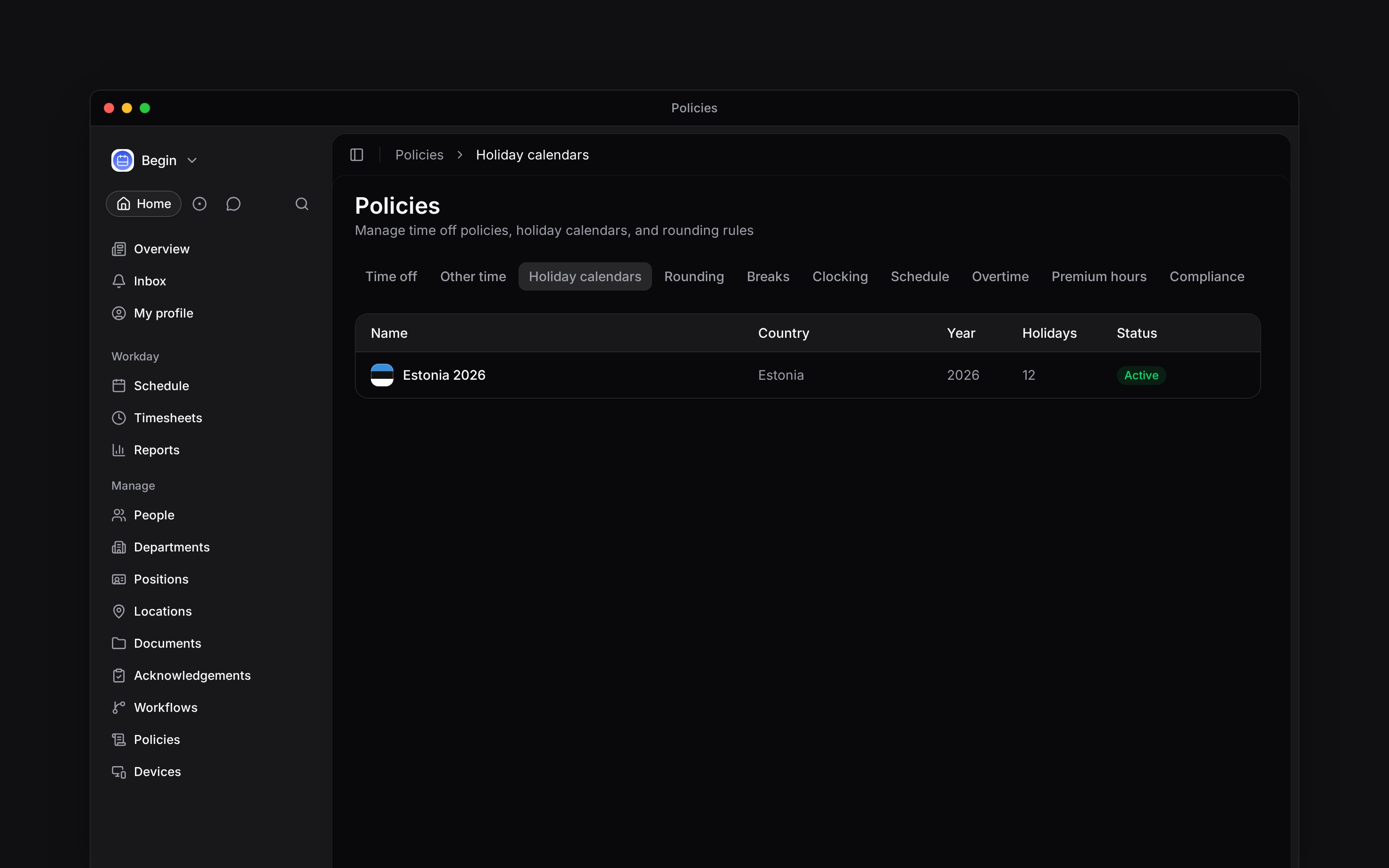 The Holiday calendars tab listing active calendars by country, year and holiday count