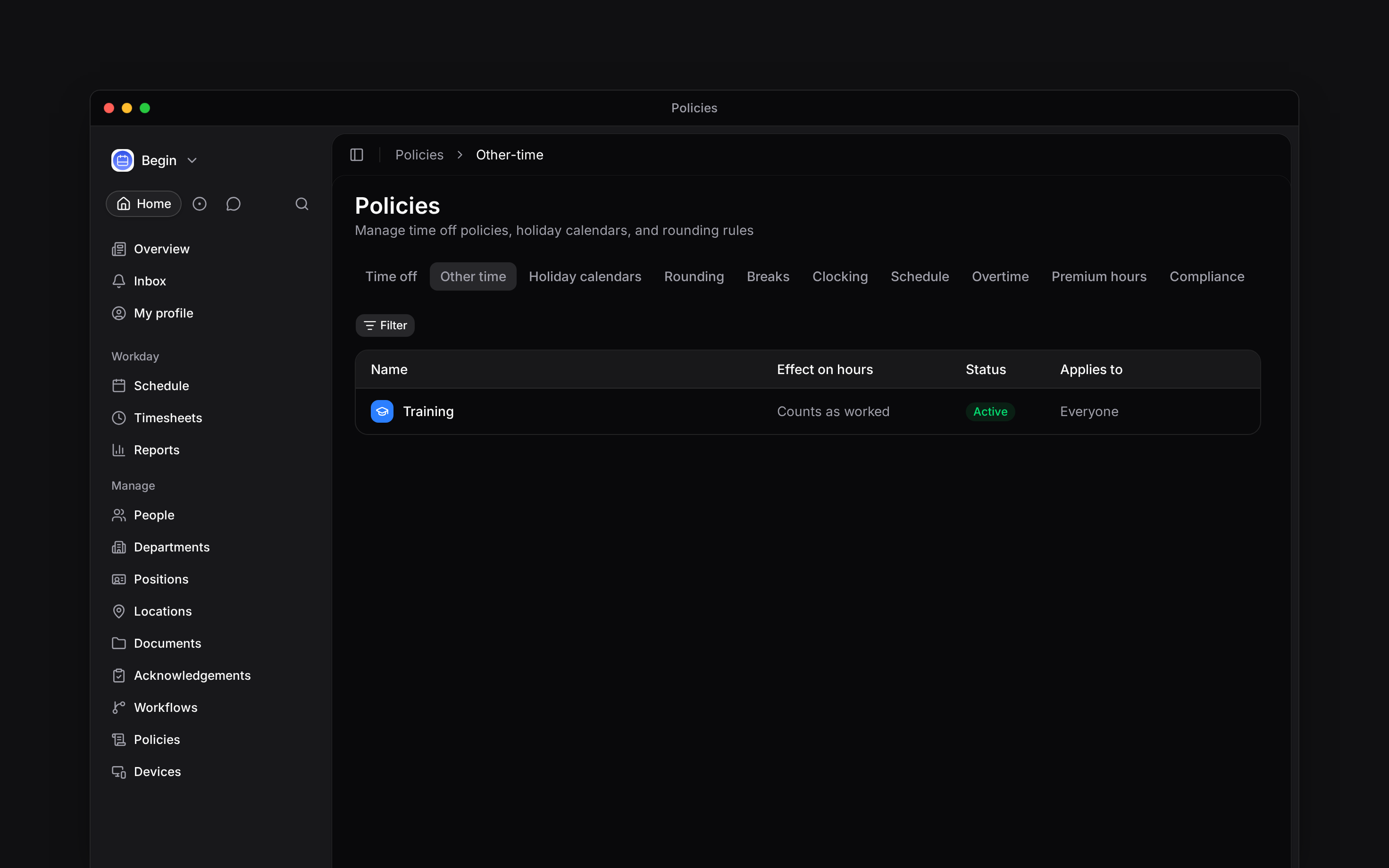 The Other time policy tab listing Training and Standby with their effects on hours