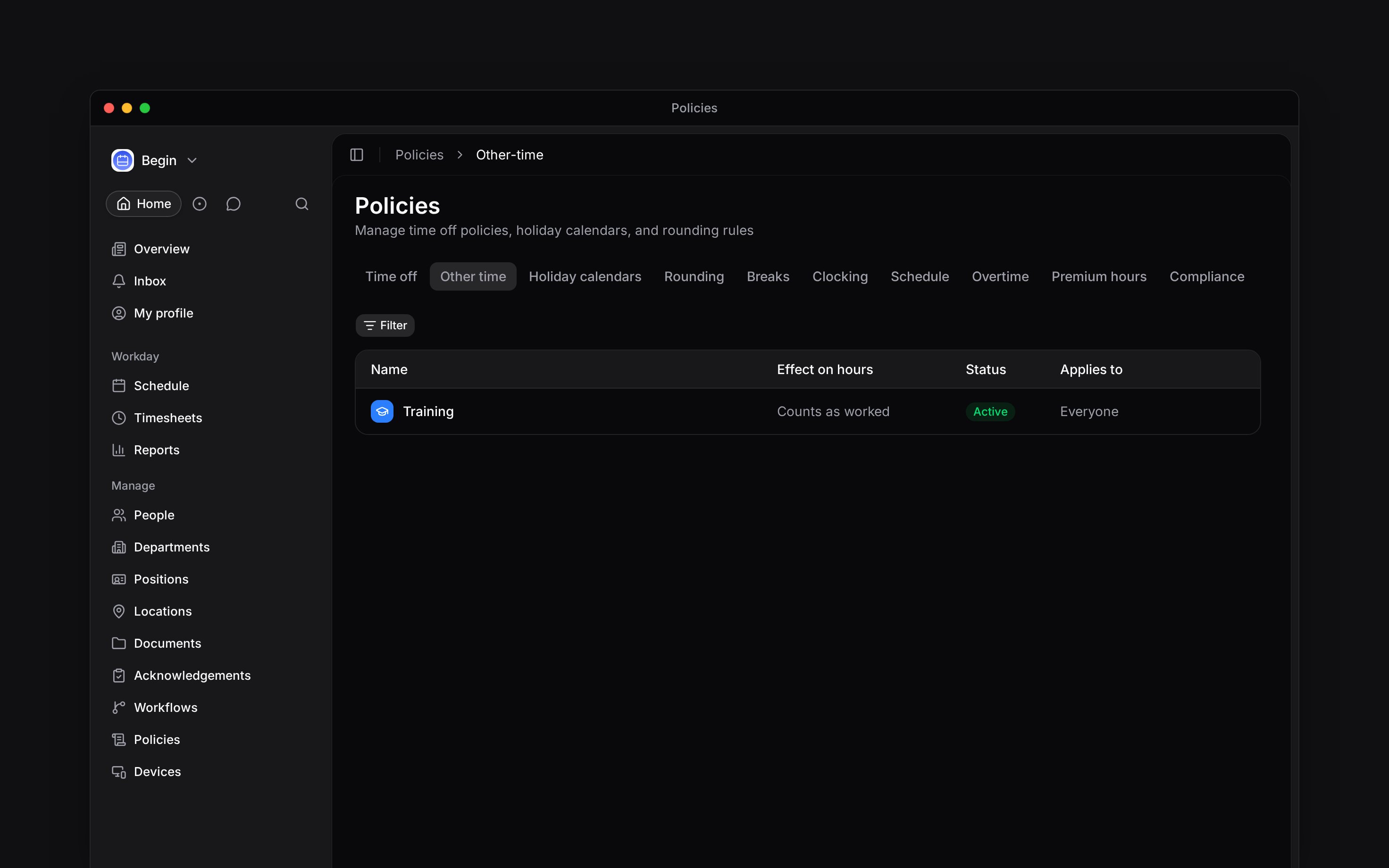The Other time policy tab listing Training and Standby with their effects on hours