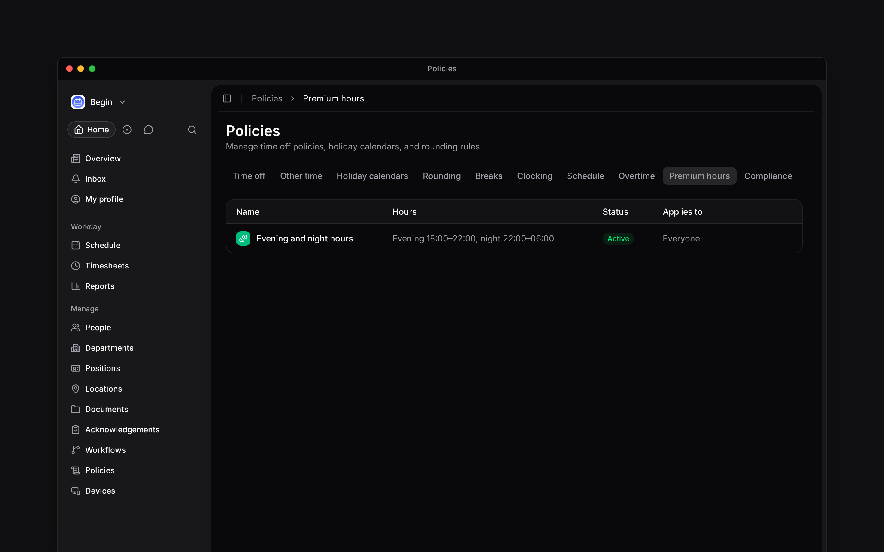 The Premium hours tab listing evening and night windows