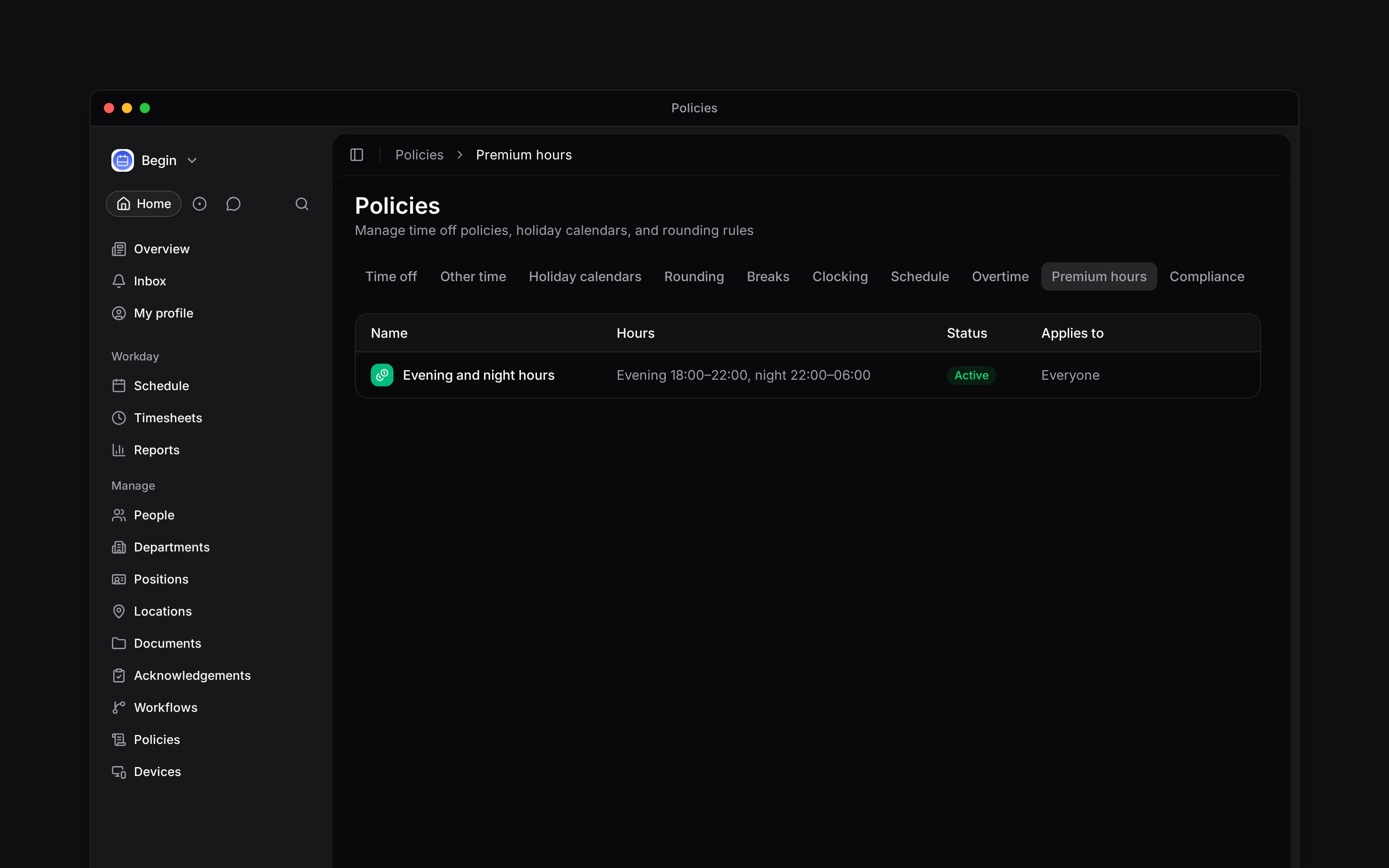 The Premium hours tab listing evening and night windows