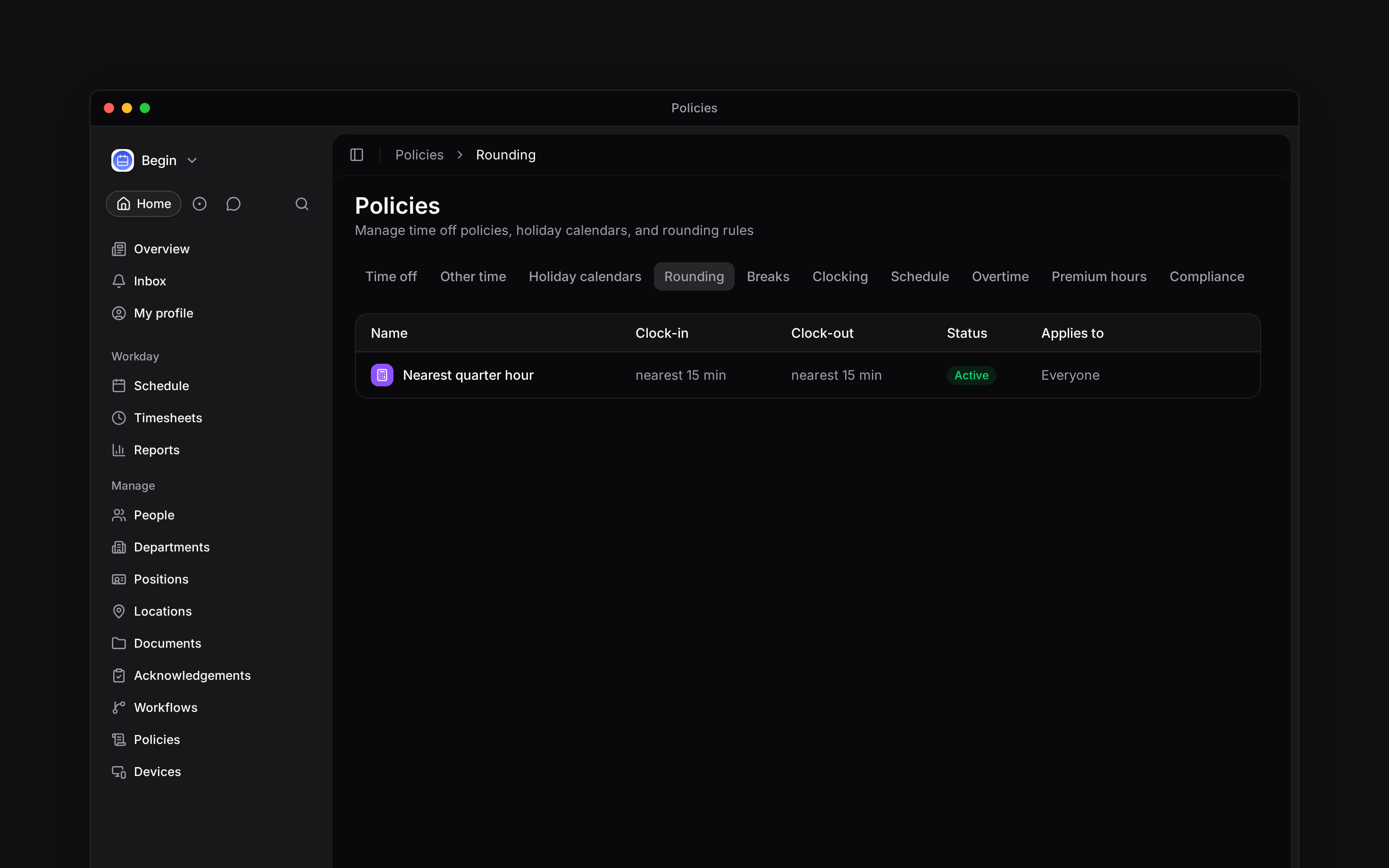 The Rounding policy tab listing clock-in and clock-out rules for three policies