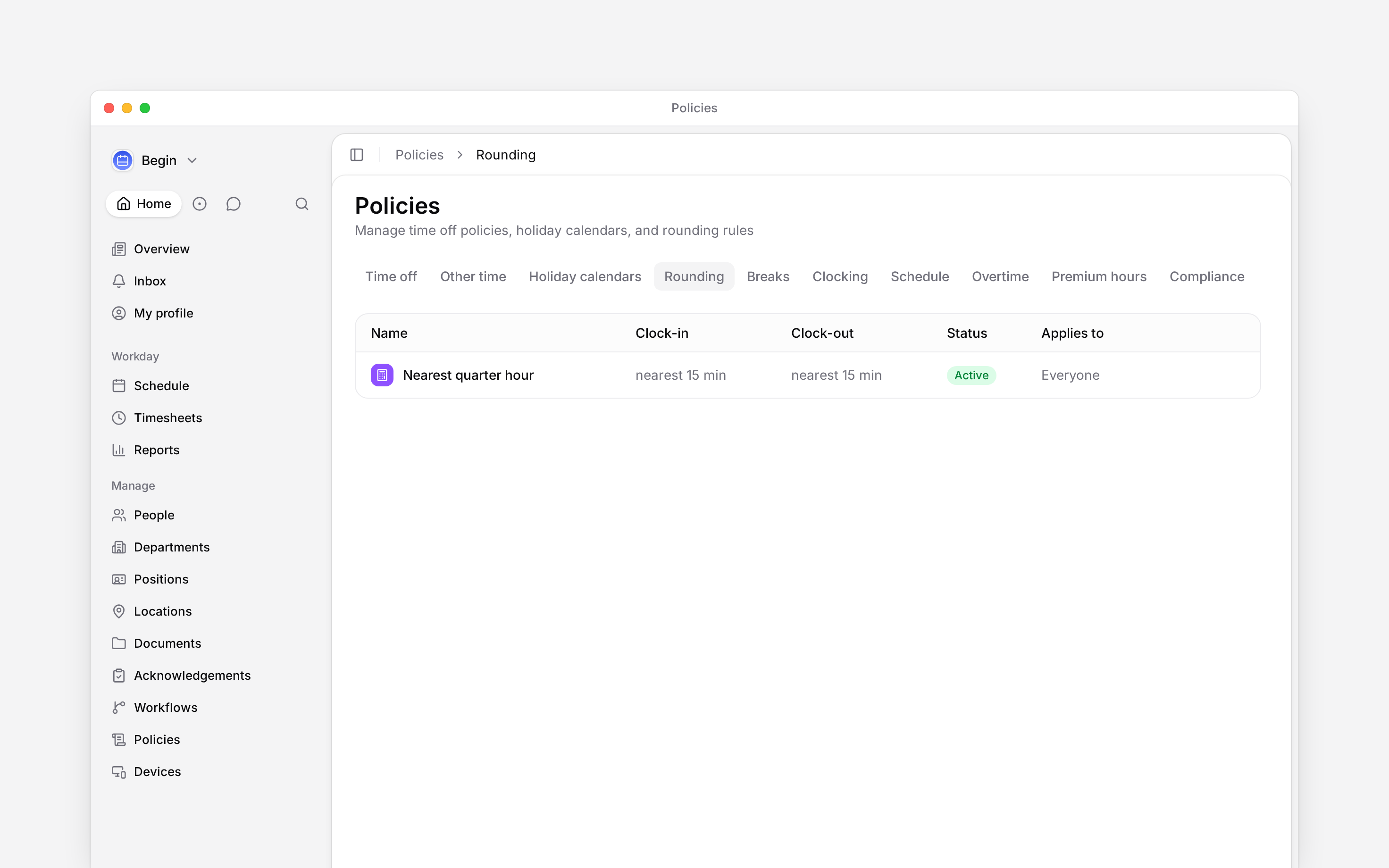 The Rounding policy tab listing clock-in and clock-out rules for three policies