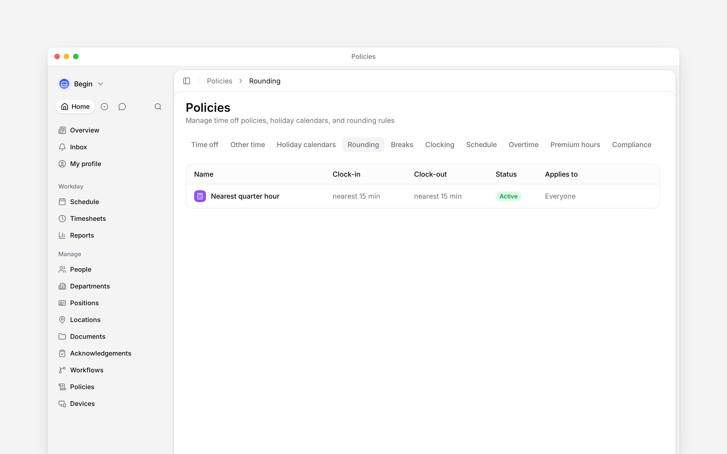 The Rounding policy tab listing clock-in and clock-out rules for three policies