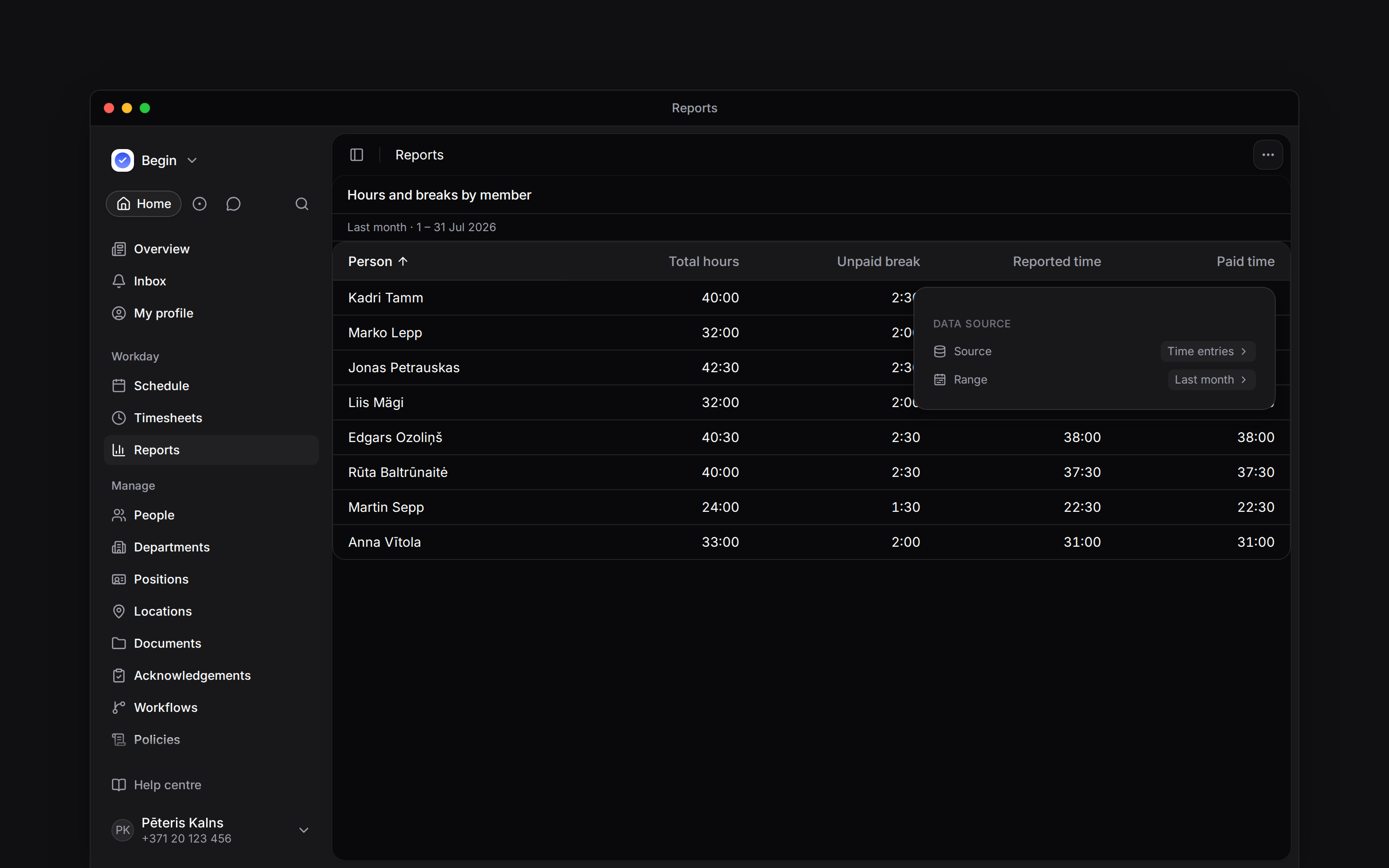 The report data source settings beside a table of hours