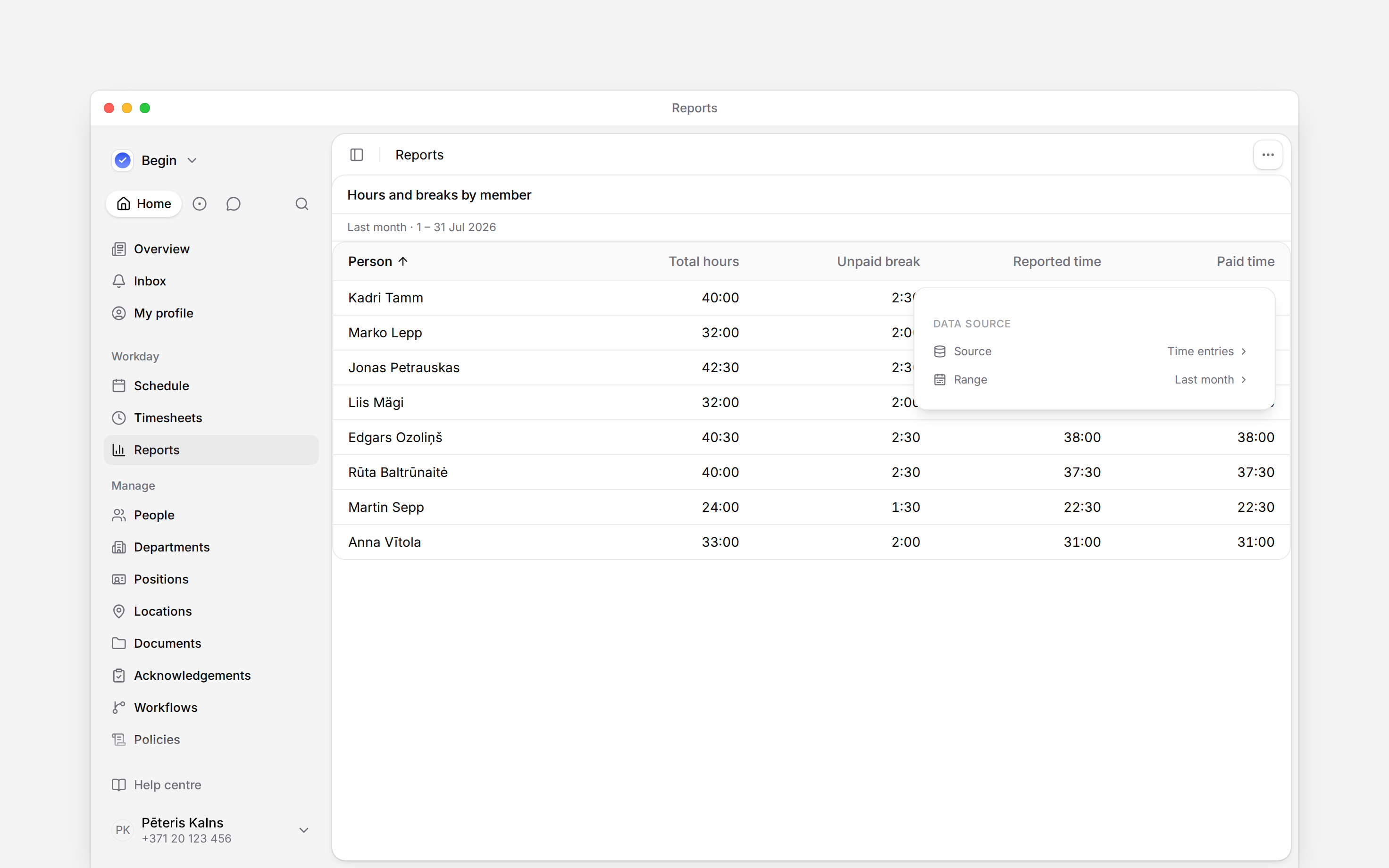 The report data source settings beside a table of hours