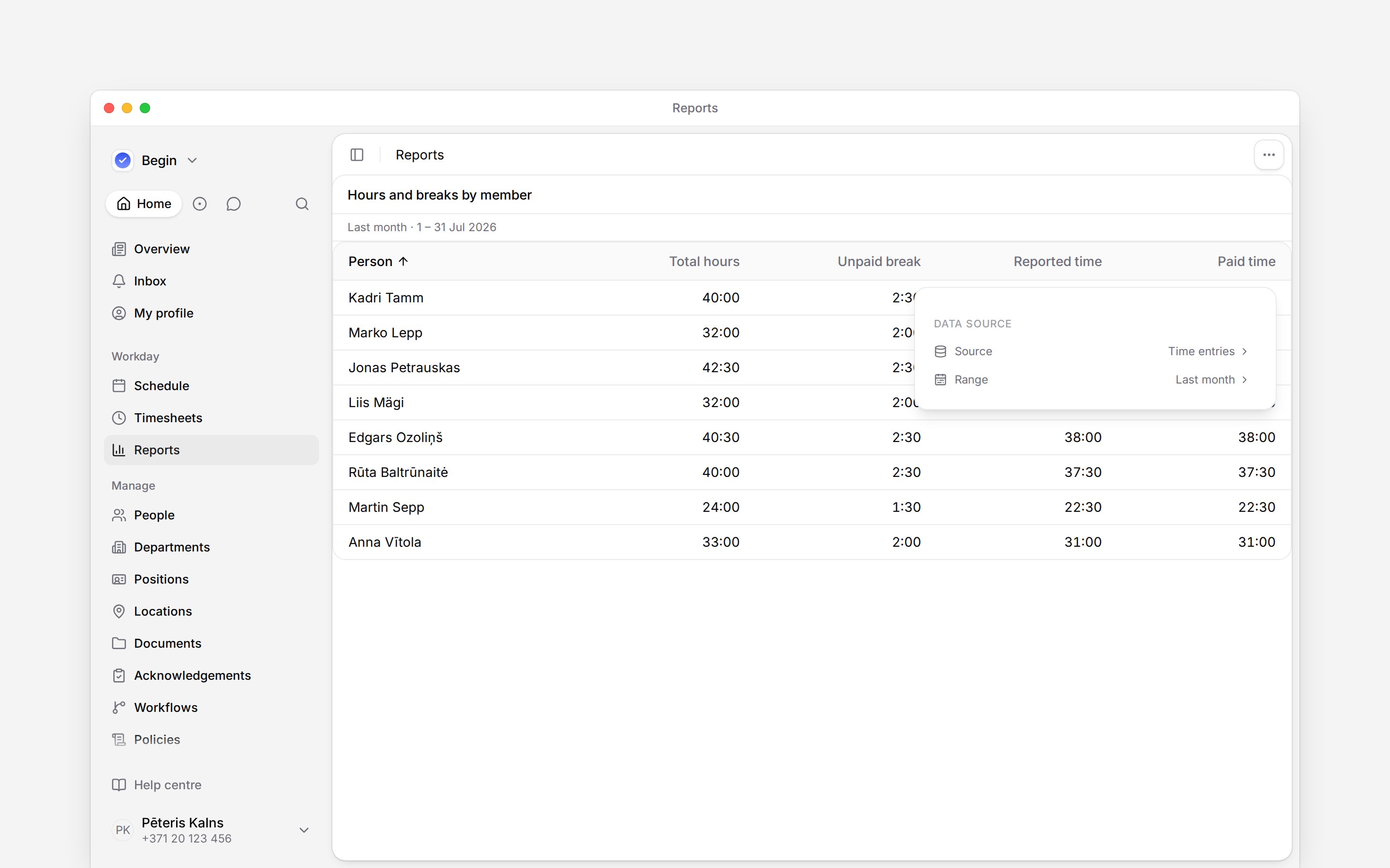 The report data source settings beside a table of hours