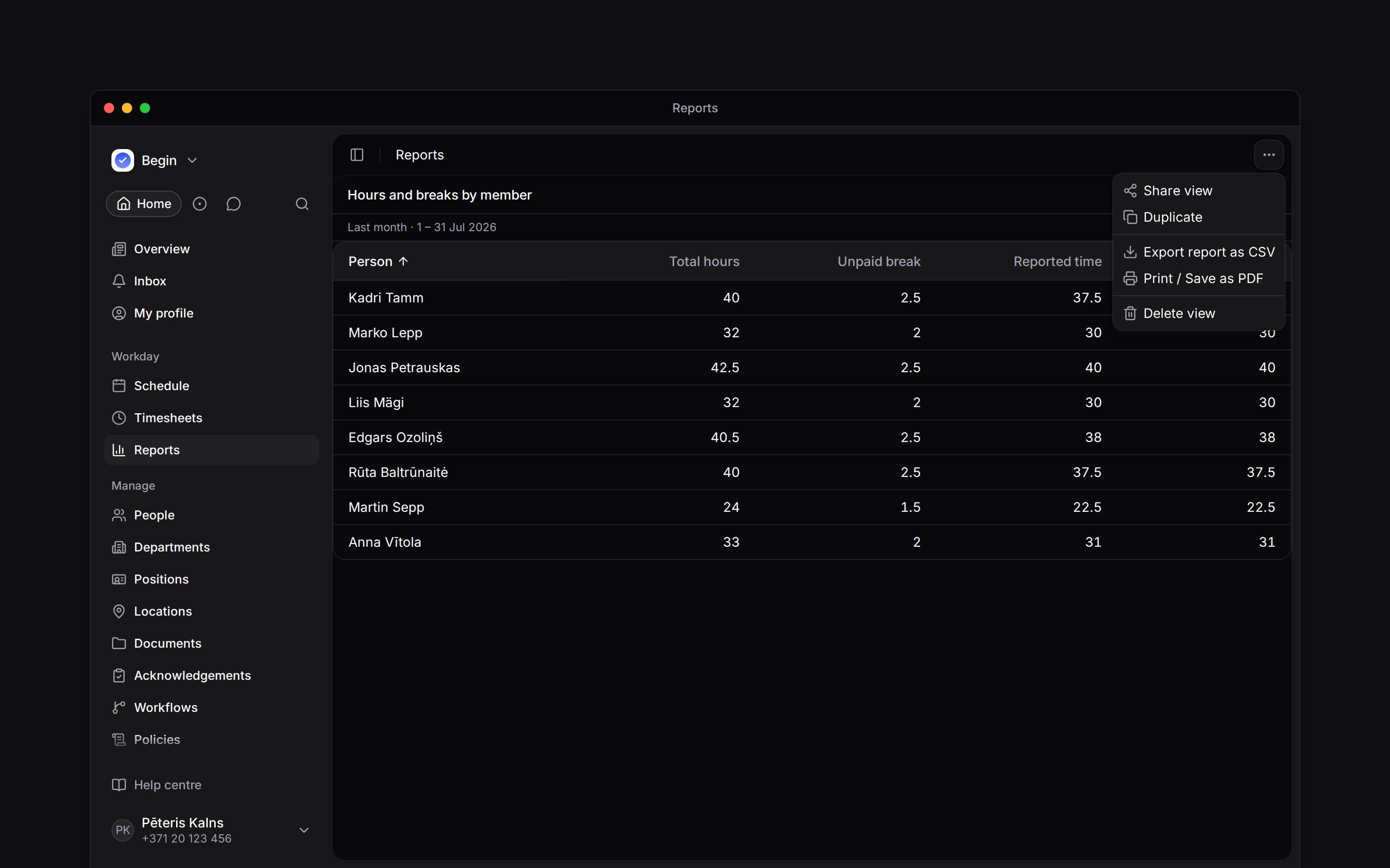 The report menu offering Export report as CSV and Print / Save as PDF