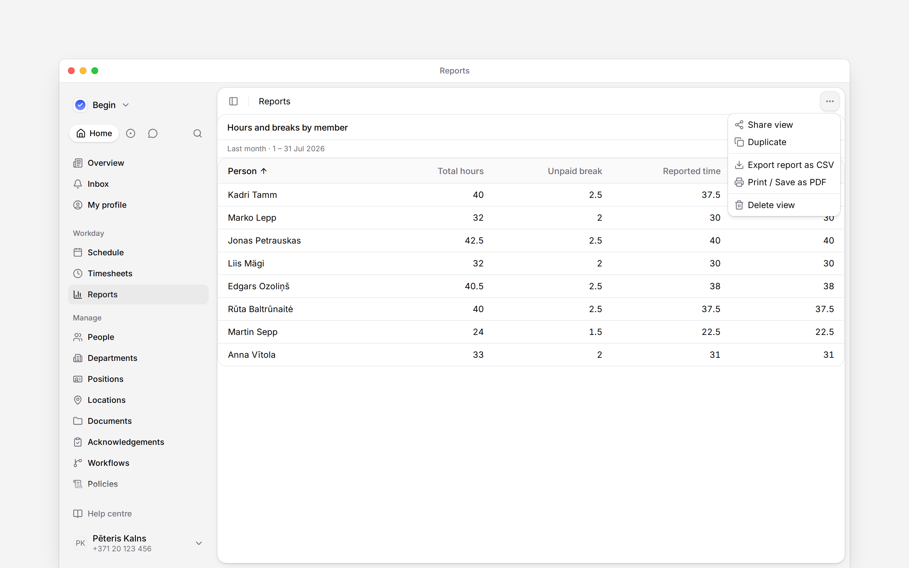 The report menu offering Export report as CSV and Print / Save as PDF