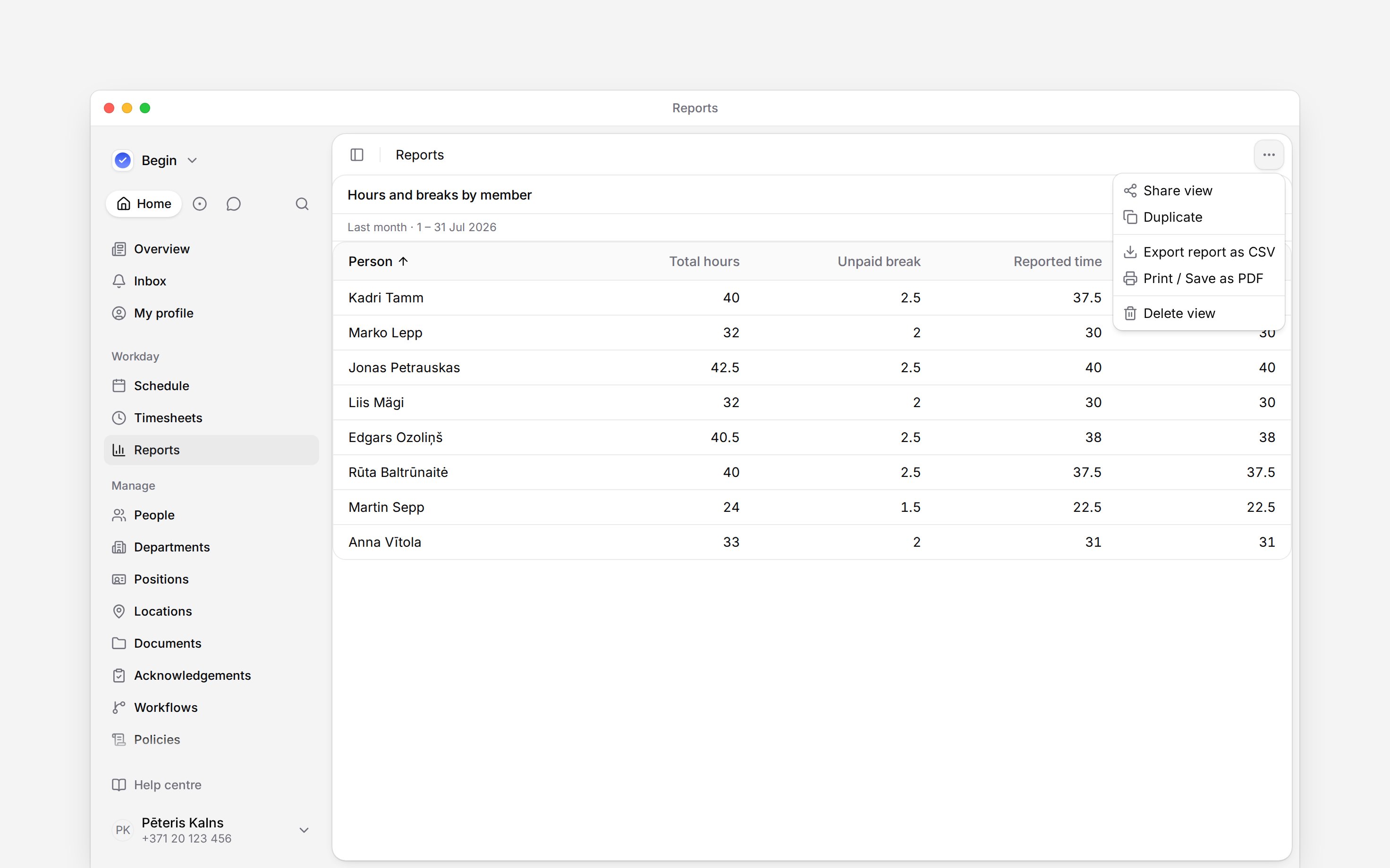 The report menu offering Export report as CSV and Print / Save as PDF