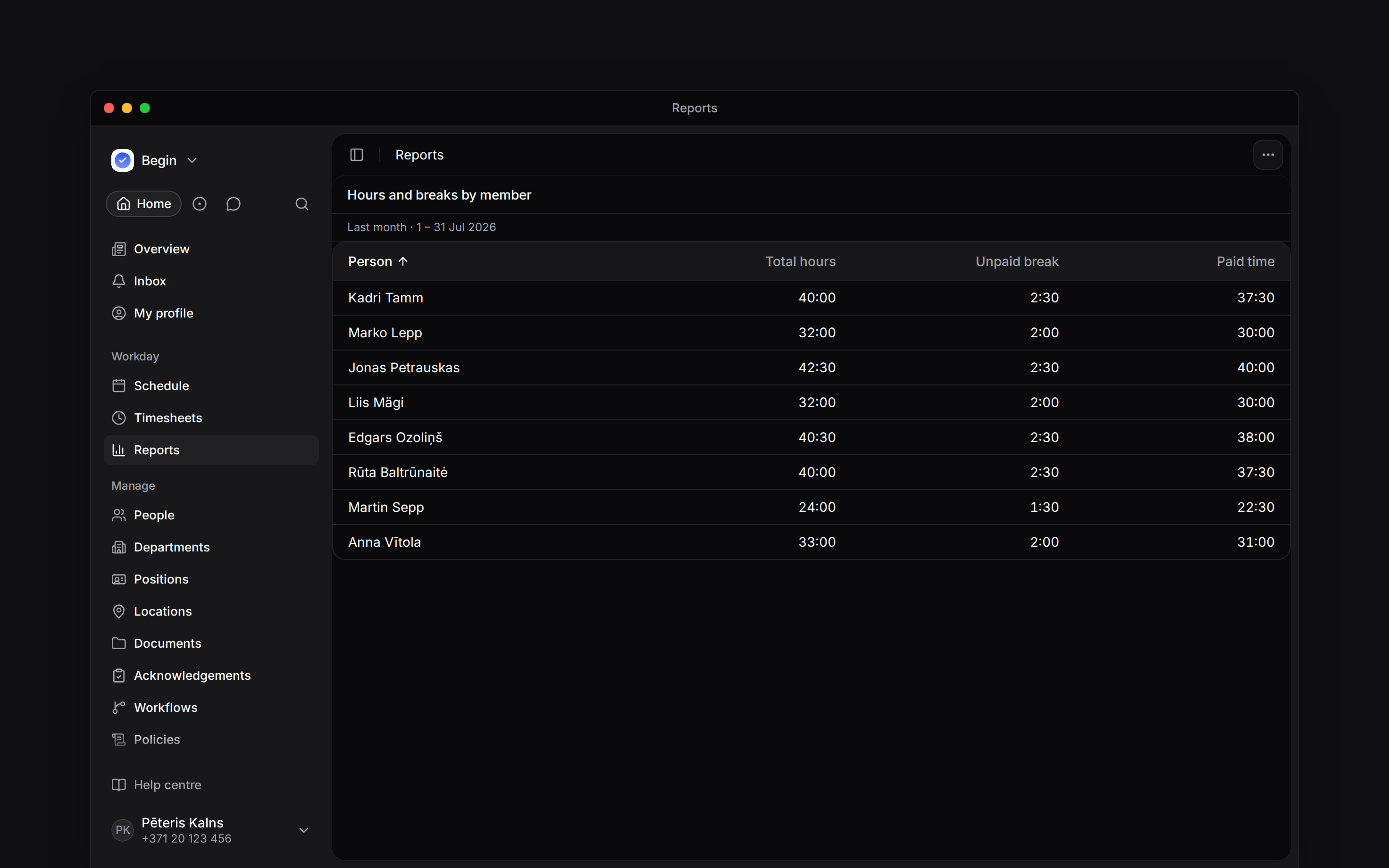 A report with total hours, unpaid breaks and paid time side by side