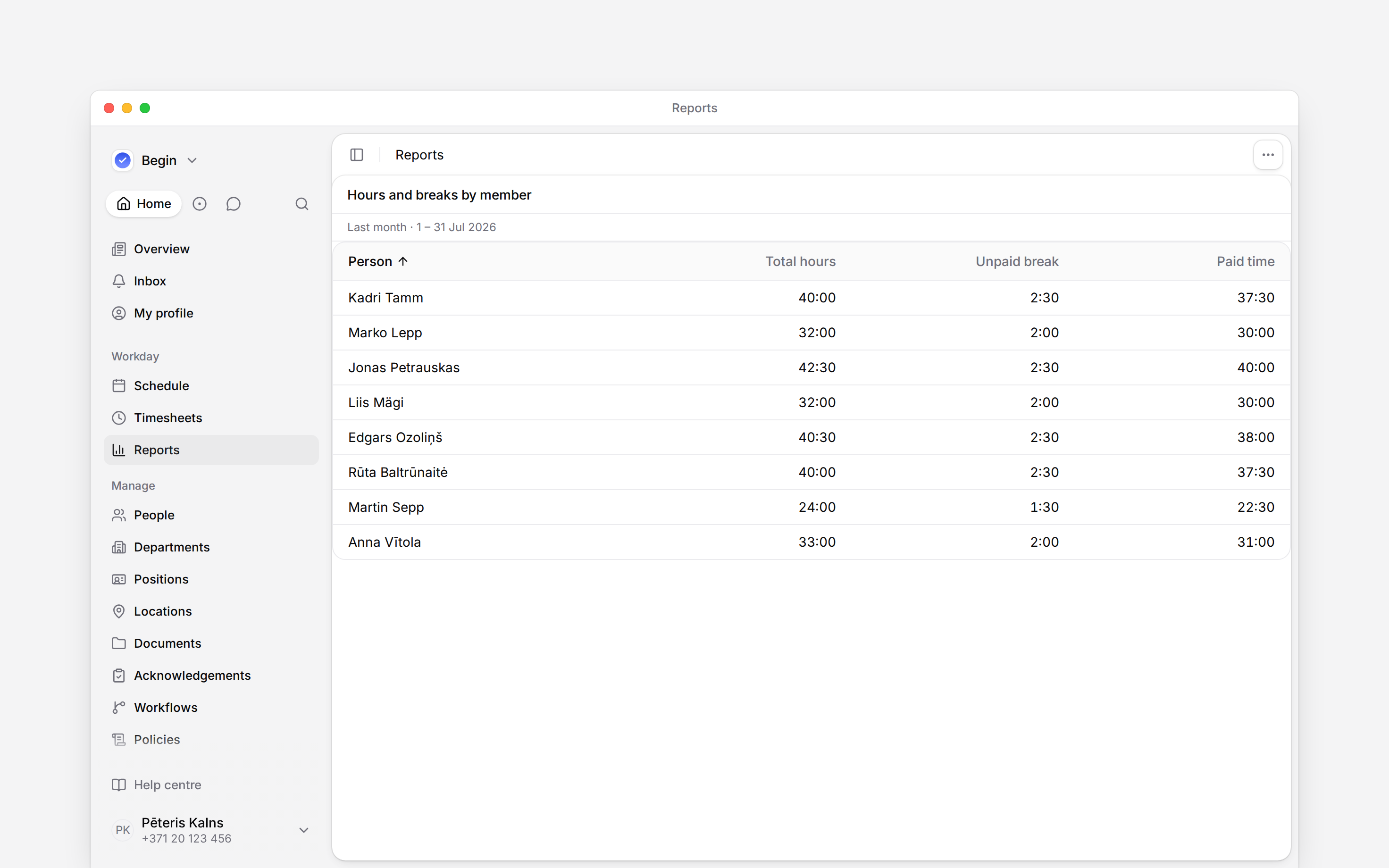 A report with total hours, unpaid breaks and paid time side by side