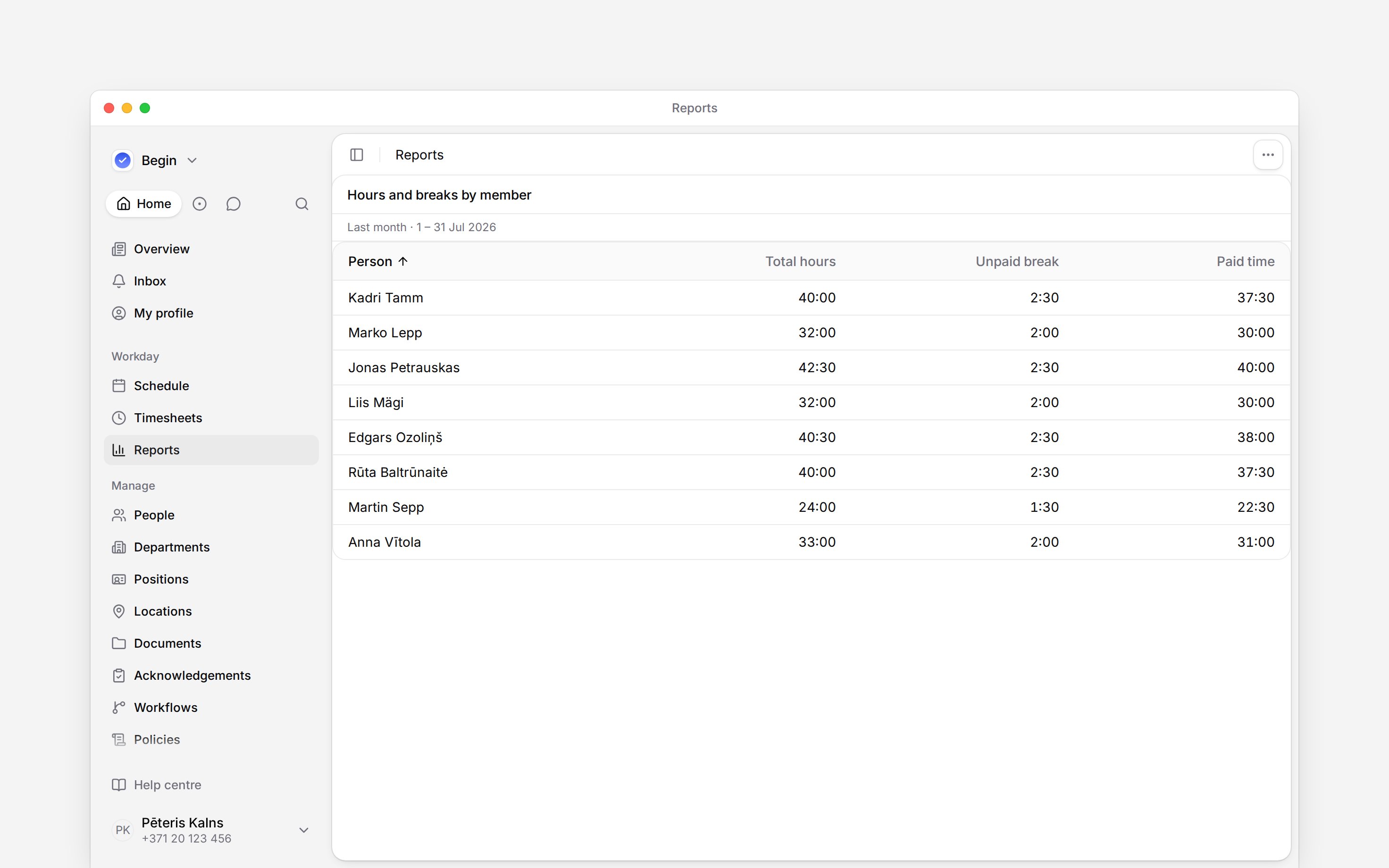 A report with total hours, unpaid breaks and paid time side by side