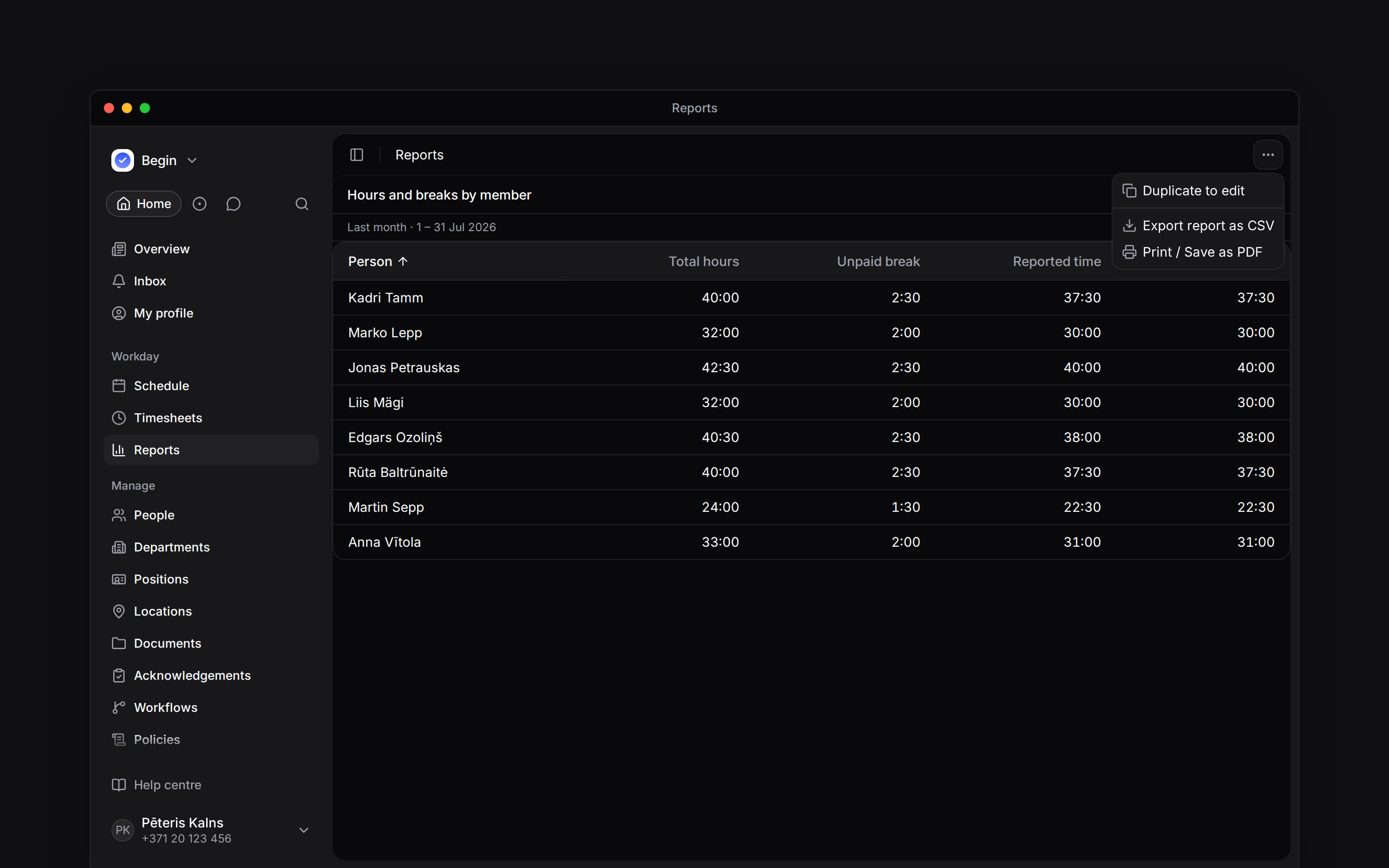 A preset report with its Duplicate to edit menu open