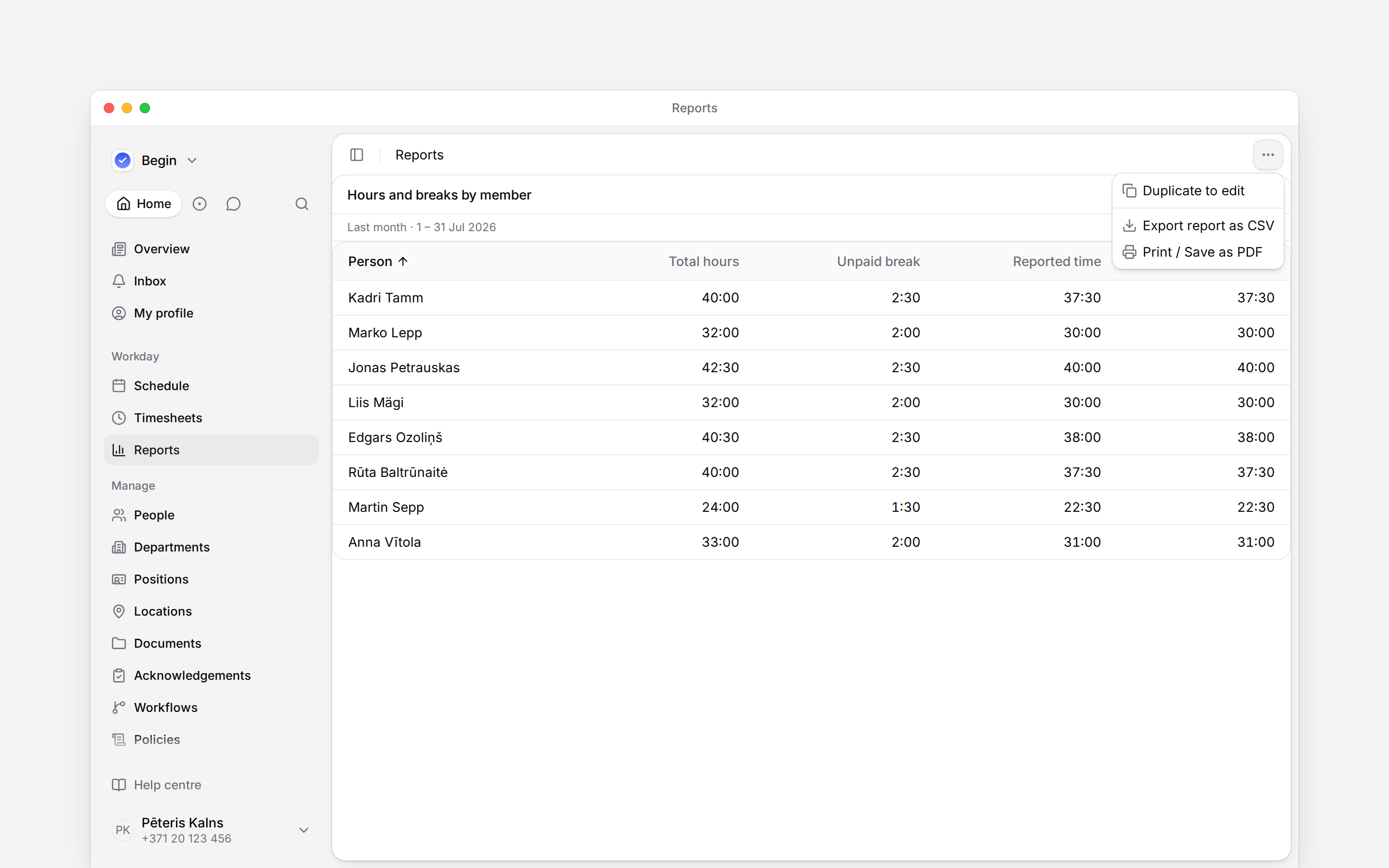 A preset report with its Duplicate to edit menu open