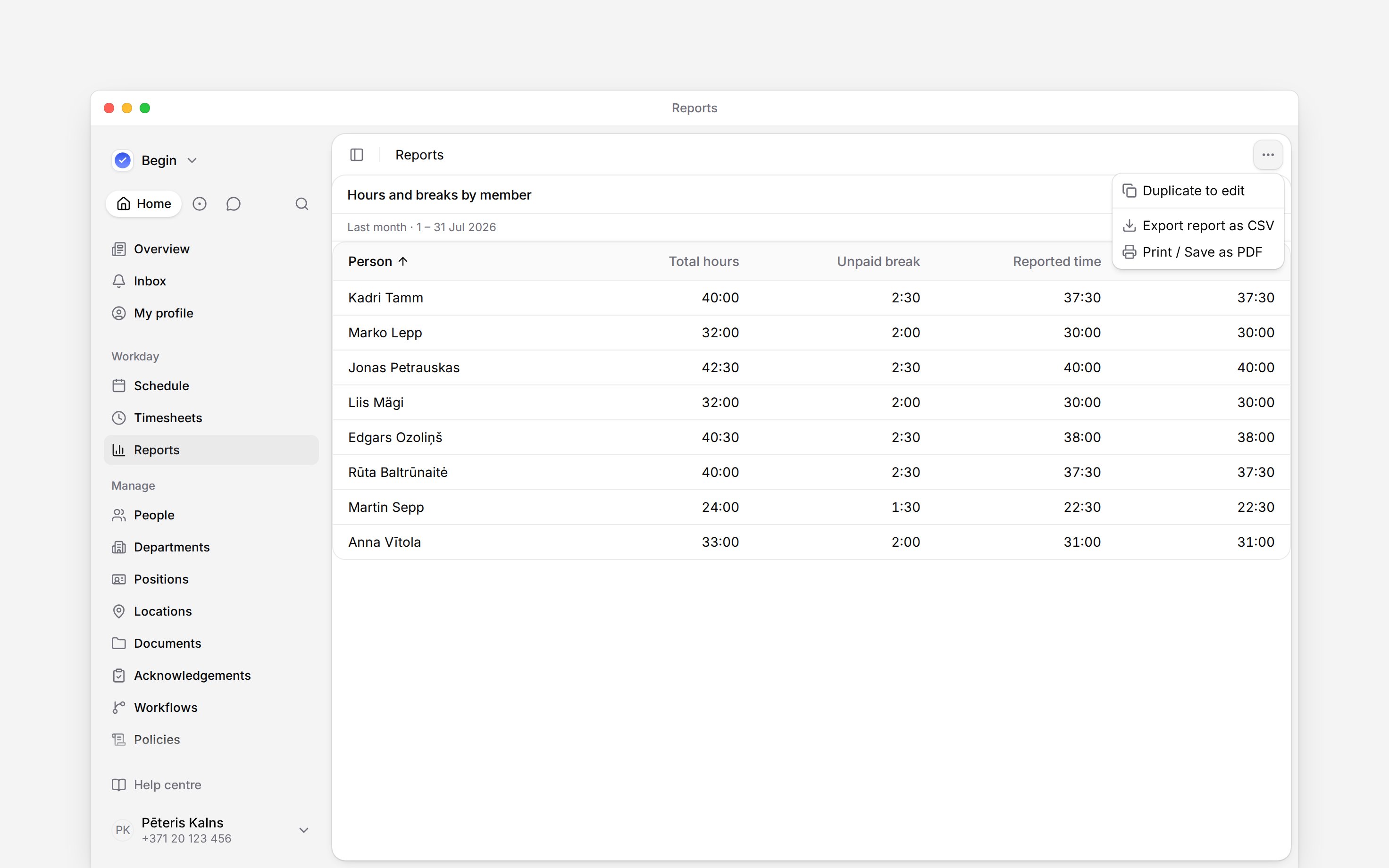 A preset report with its Duplicate to edit menu open