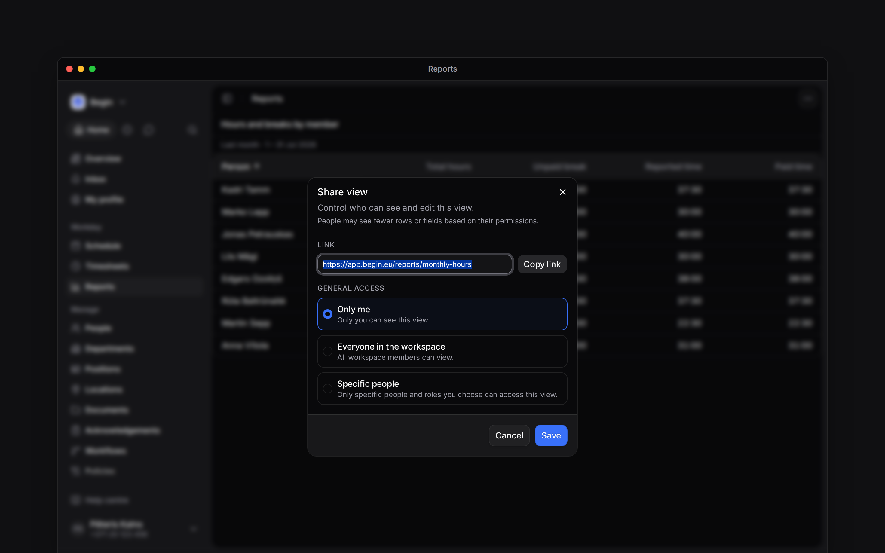 The Share view dialog with its three general-access choices