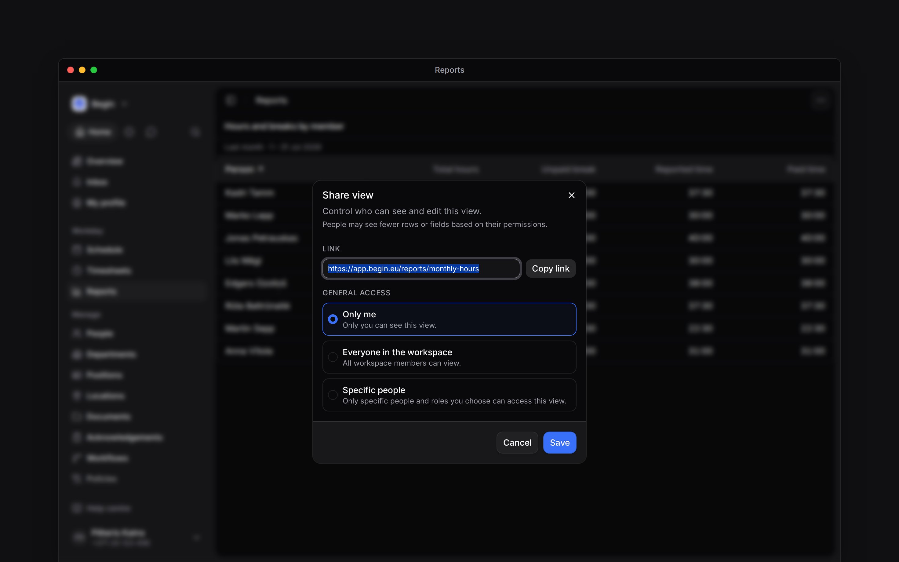 The Share view dialog with its three general-access choices