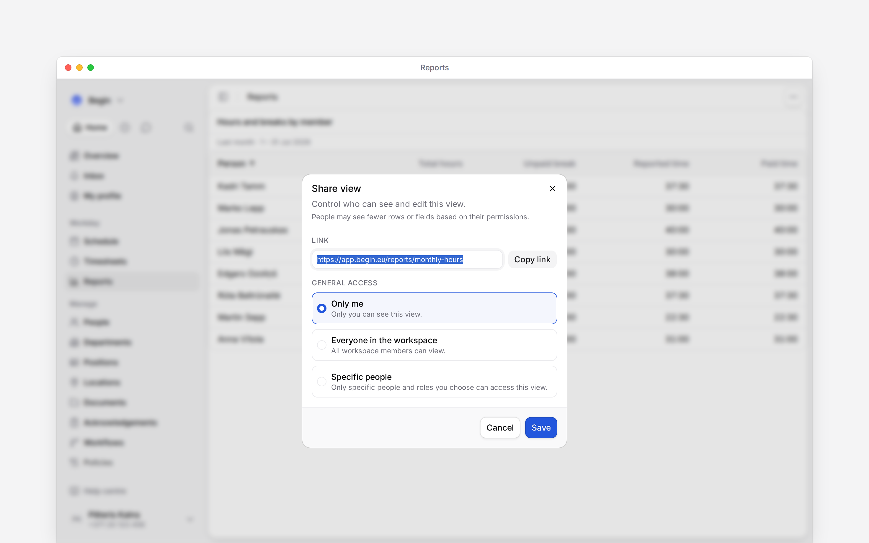 The Share view dialog with its three general-access choices