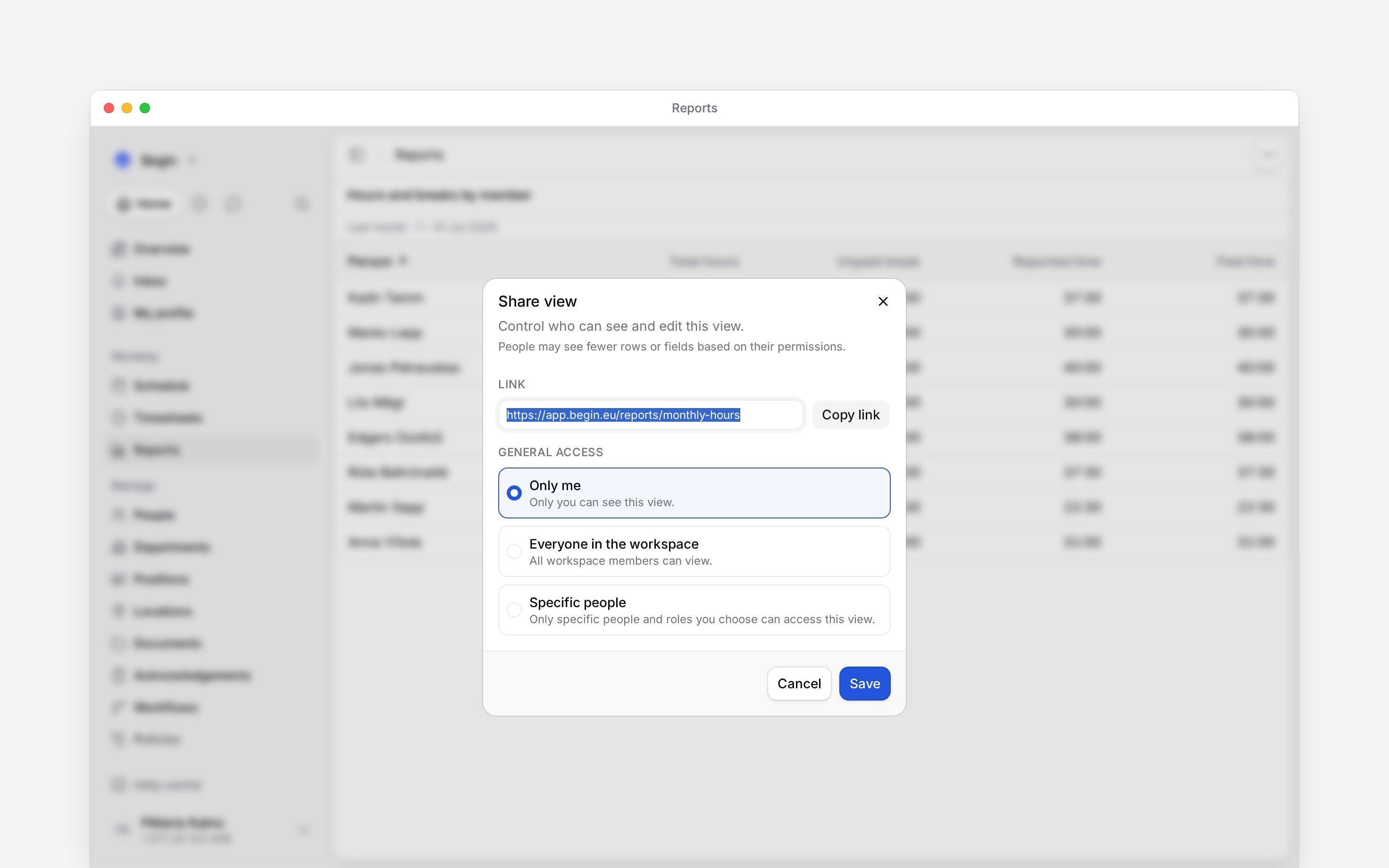 The Share view dialog with its three general-access choices