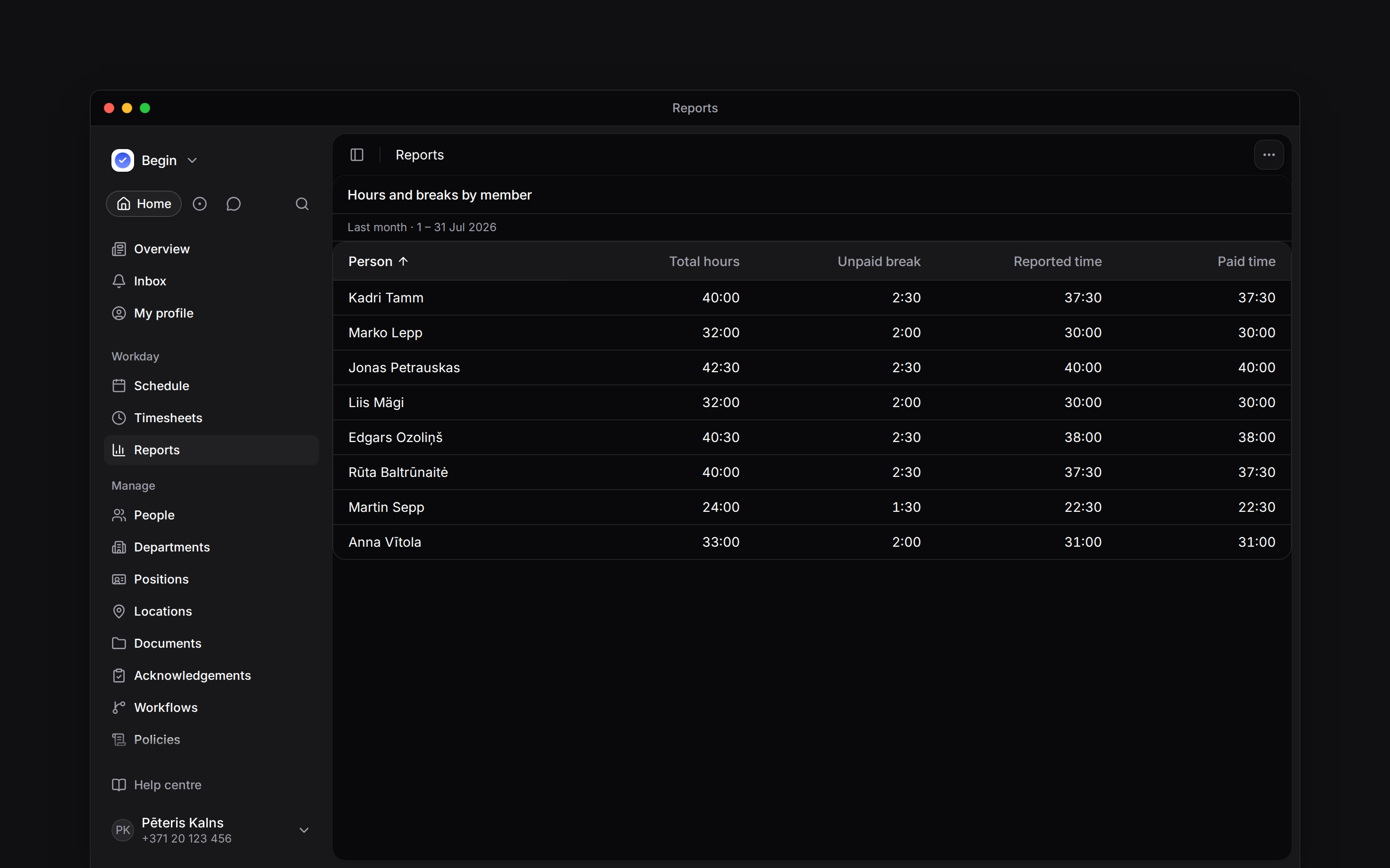 A report grouped by person, with reported time, paid time and total hours