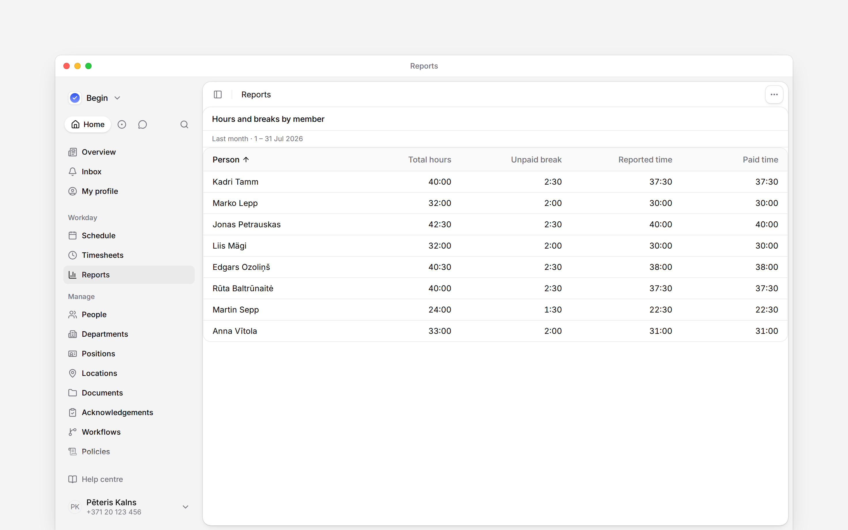 A report grouped by person, with reported time, paid time and total hours