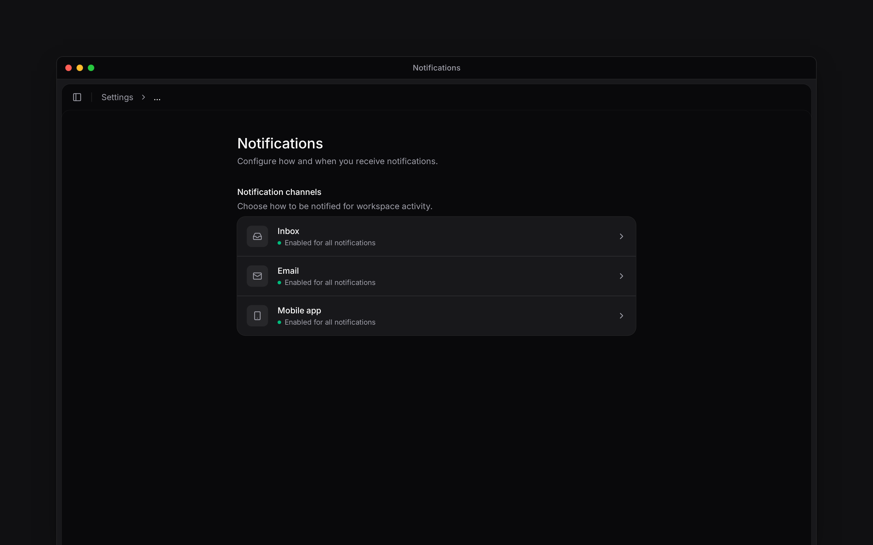 The notification settings overview showing Inbox, Email and Mobile app