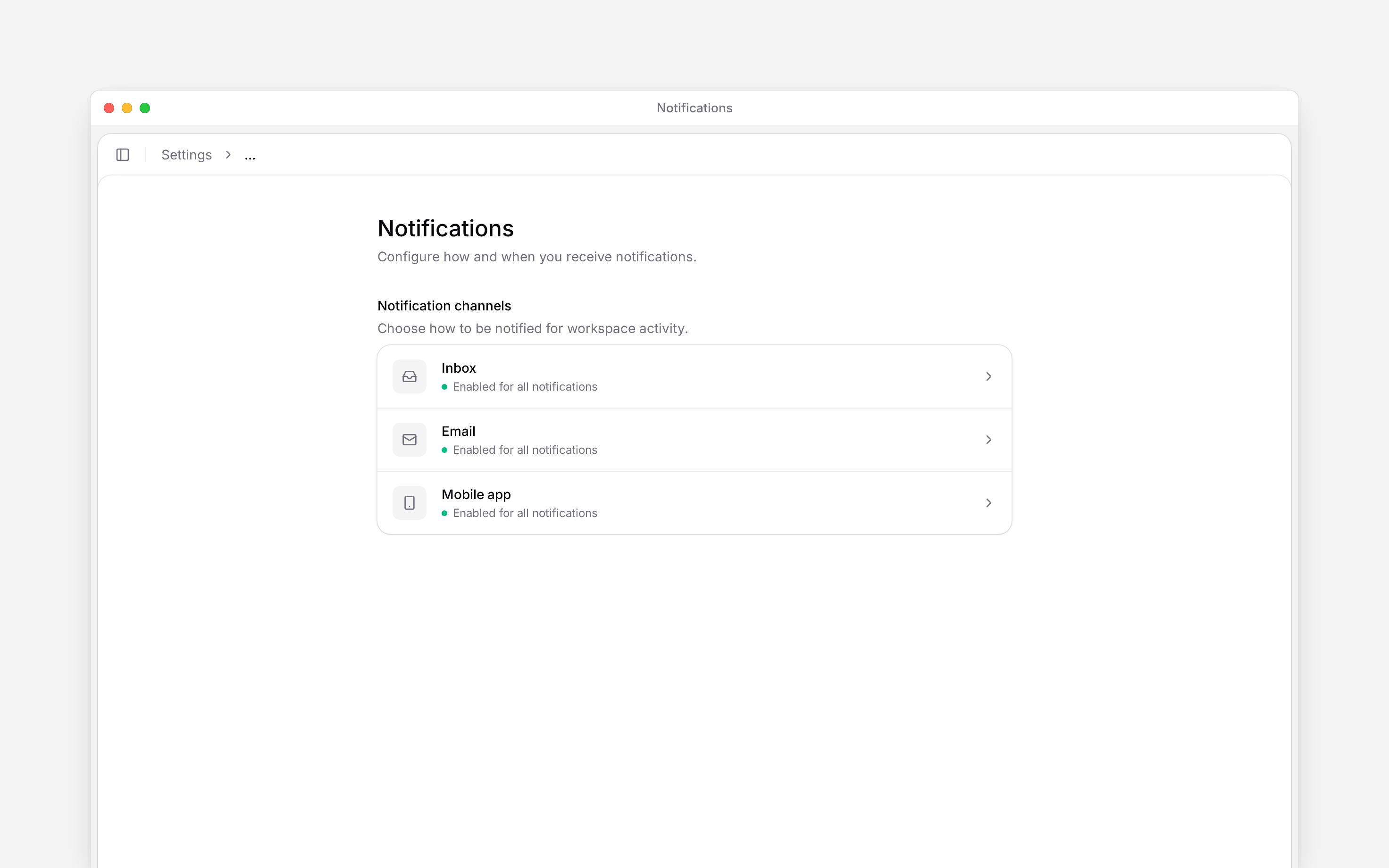 The notification settings overview showing Inbox, Email and Mobile app