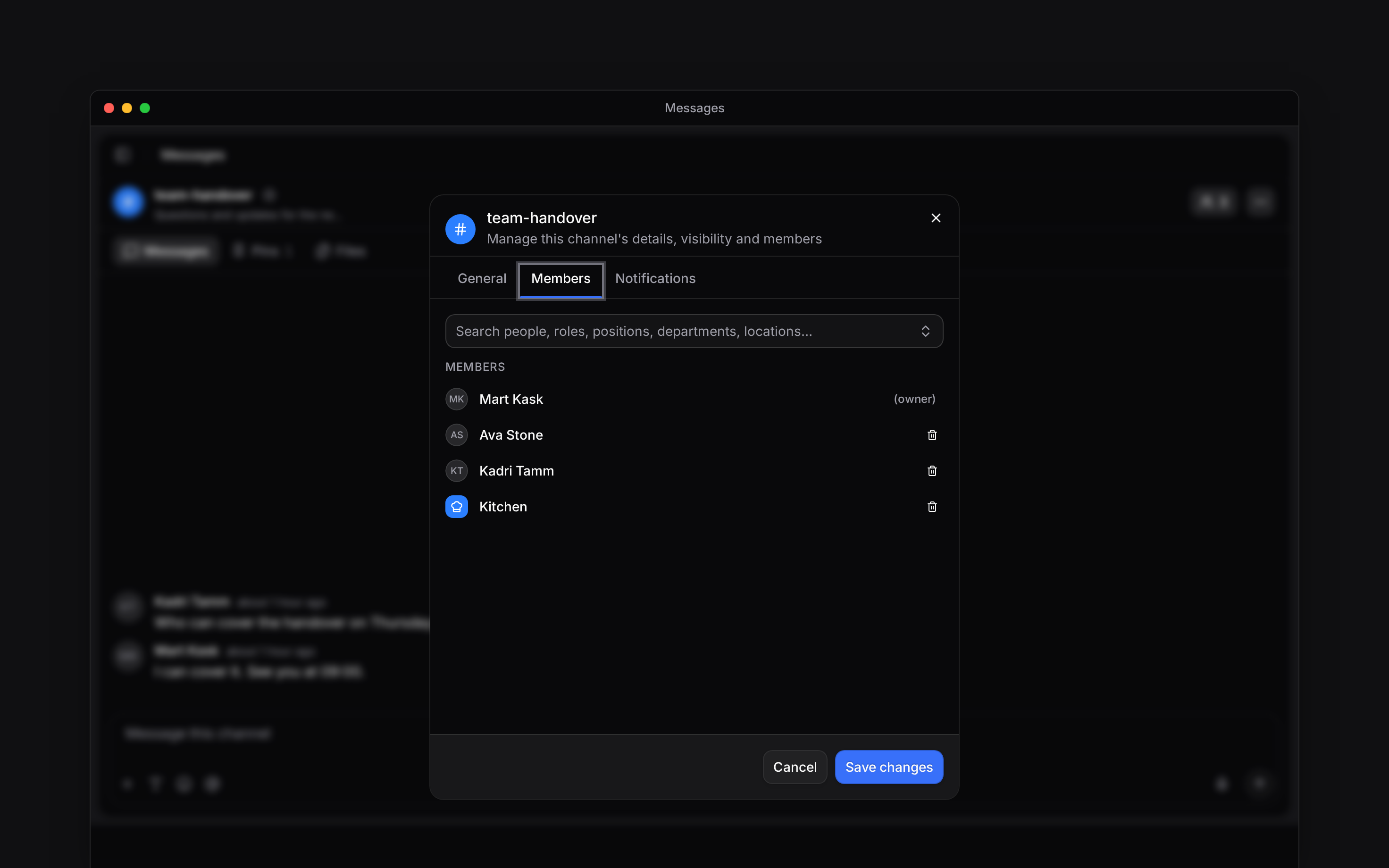 The channel member picker with a department and people selected
