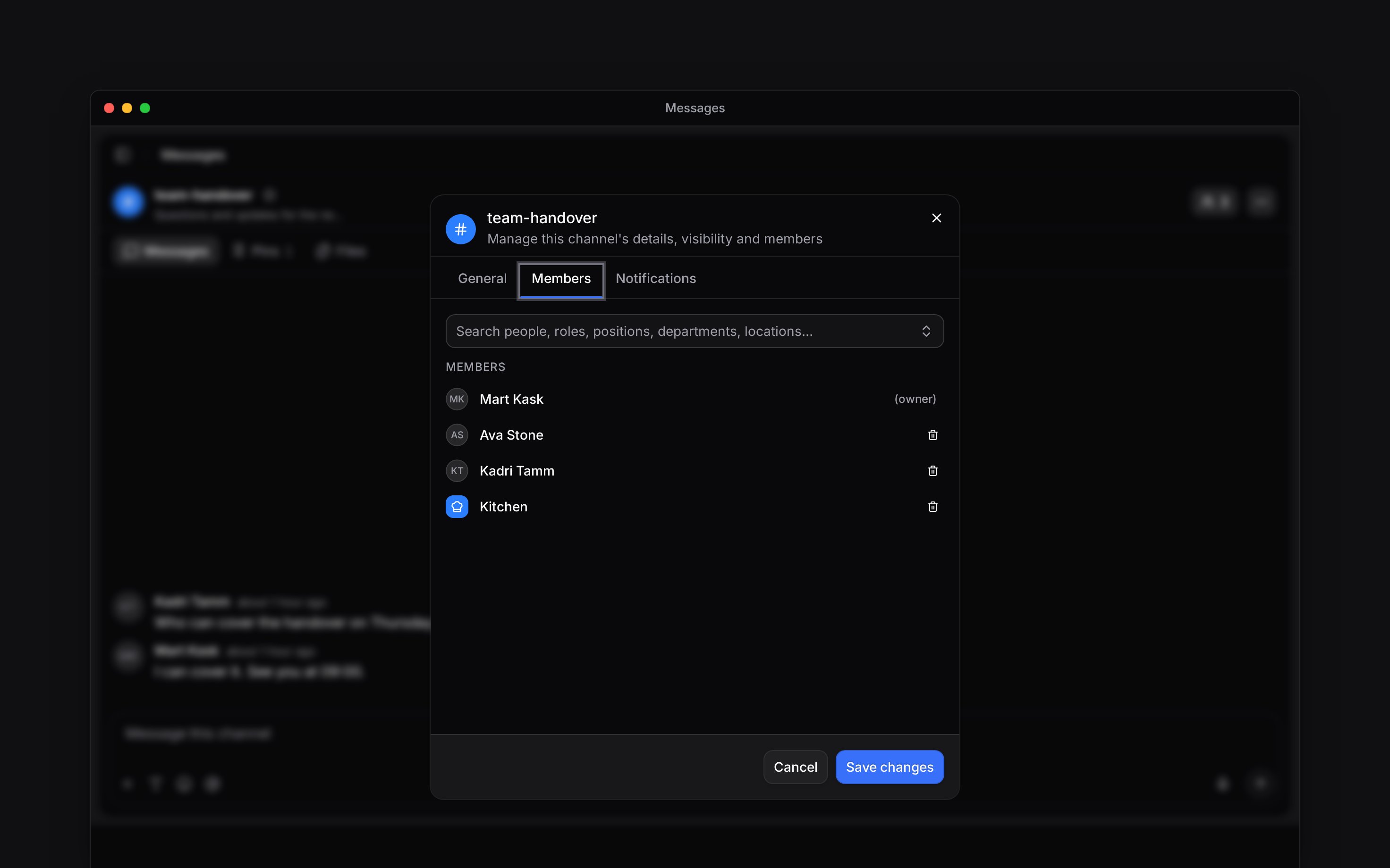 The channel member picker with a department and people selected