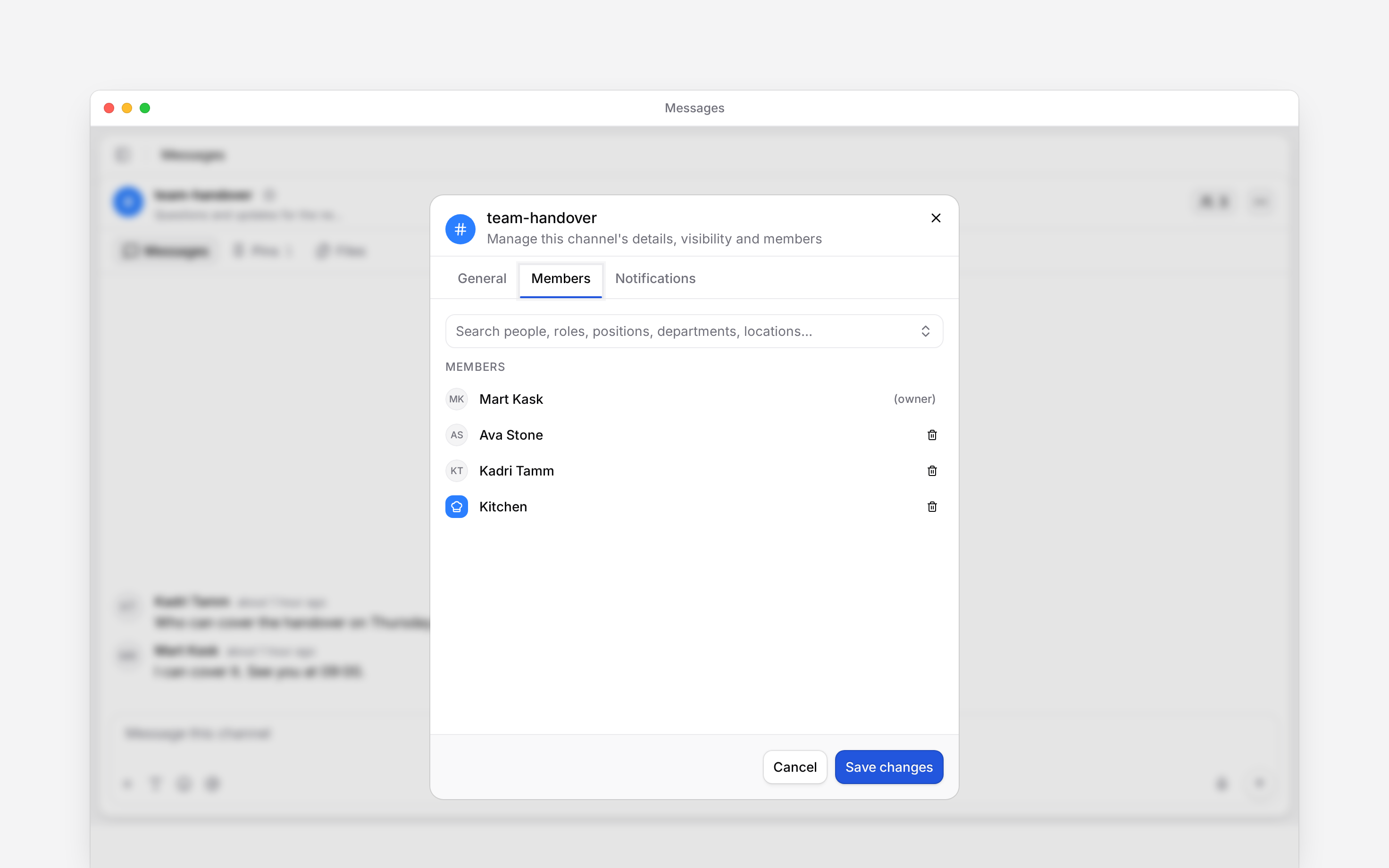 The channel member picker with a department and people selected