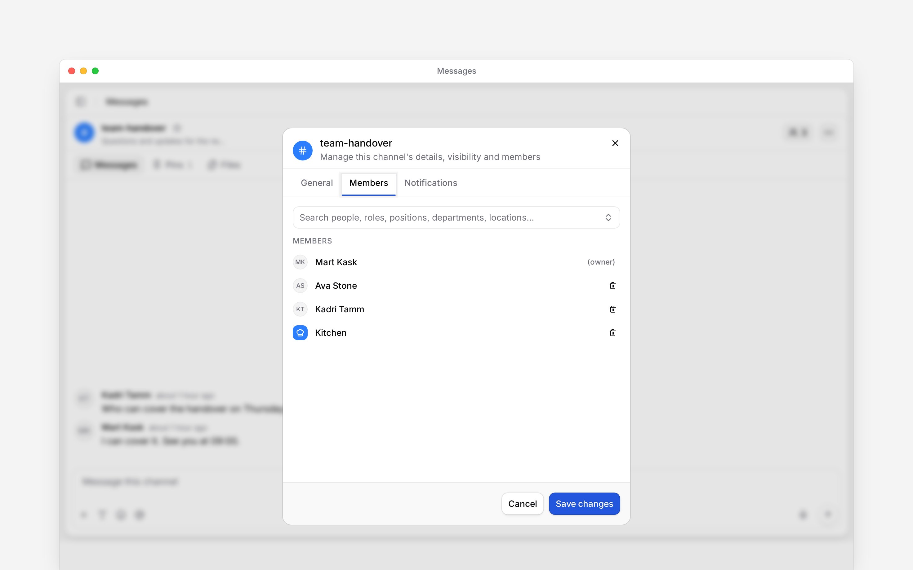 The channel member picker with a department and people selected