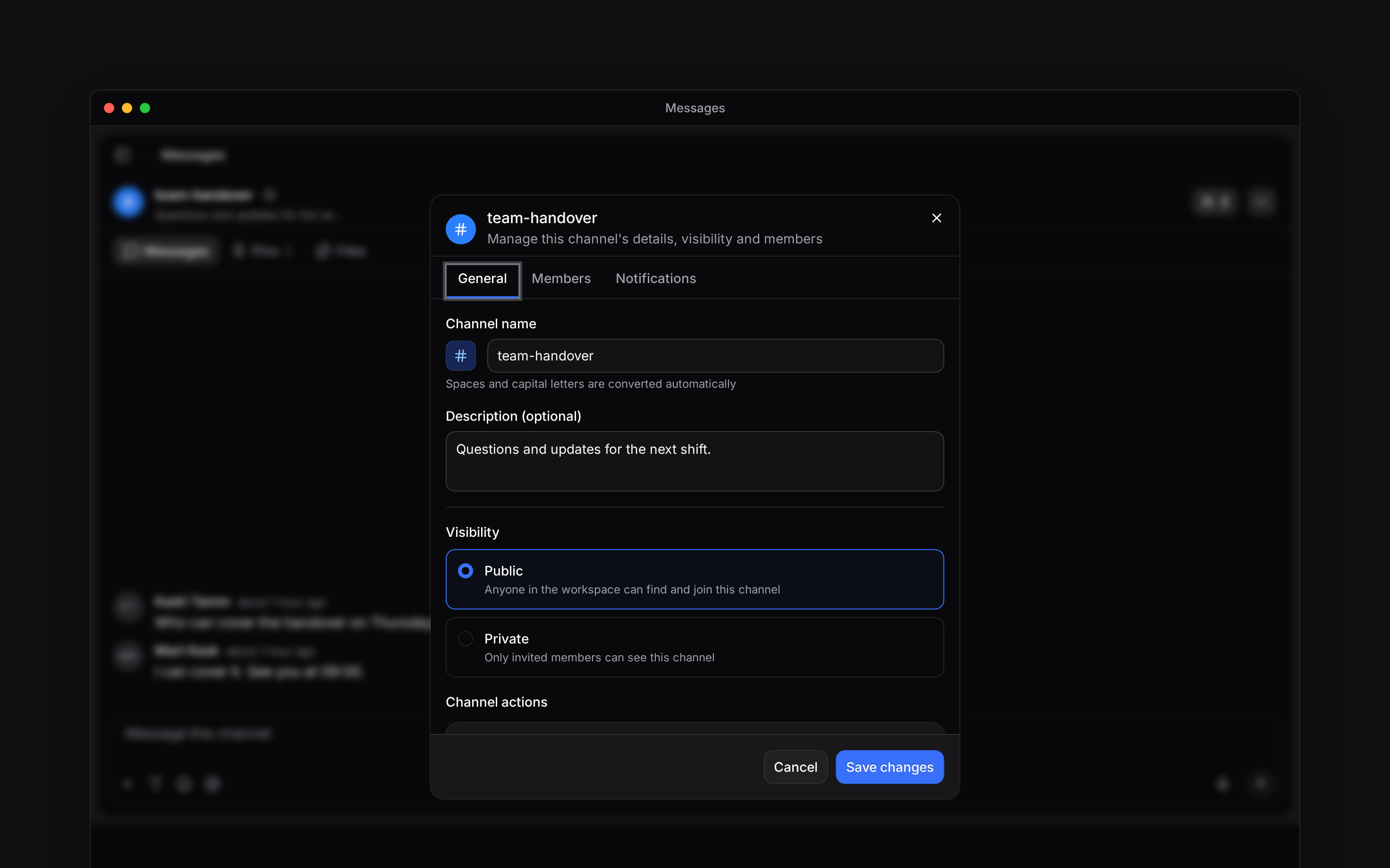 Channel settings showing the channel name and visibility choices
