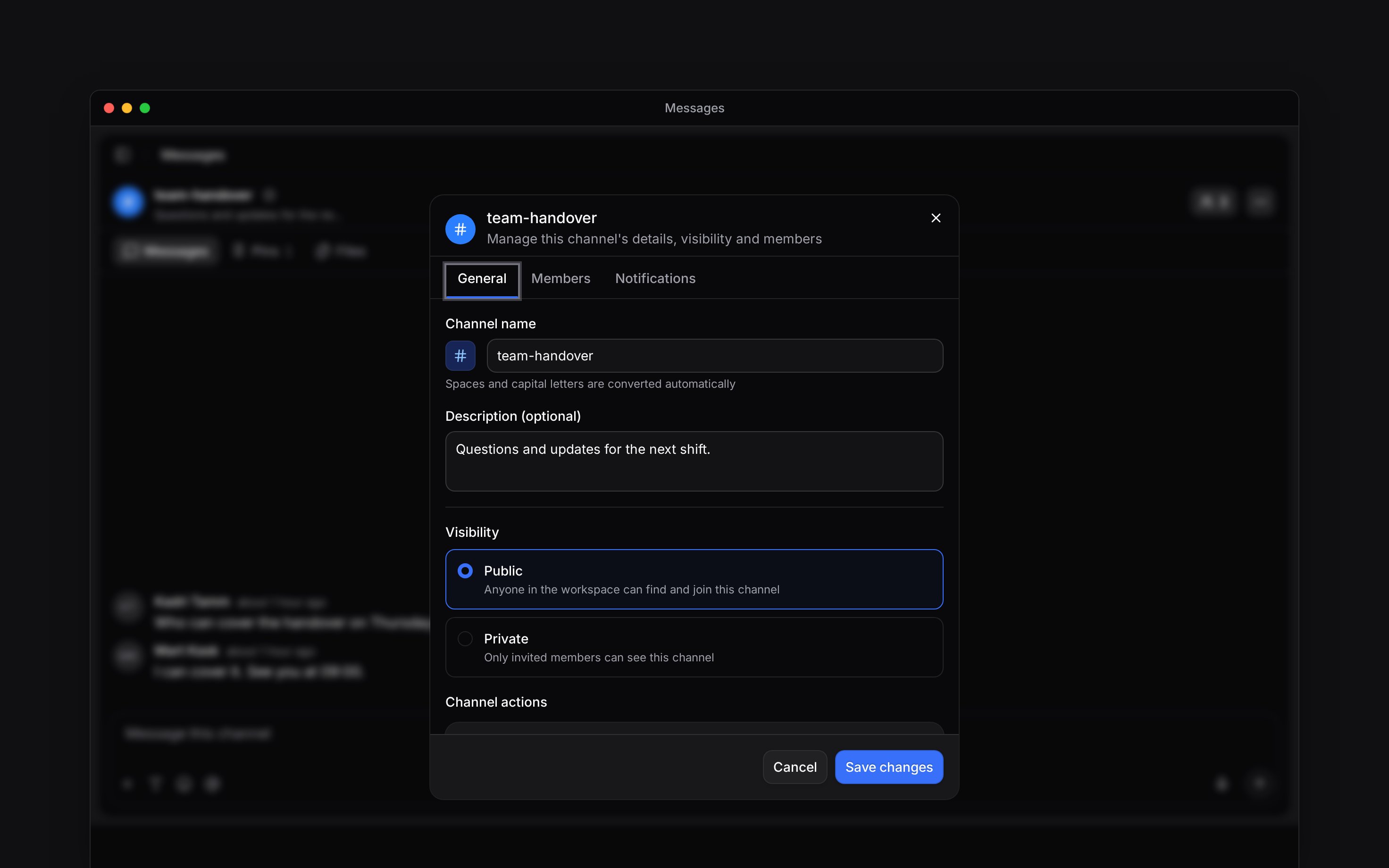 Channel settings showing the channel name and visibility choices