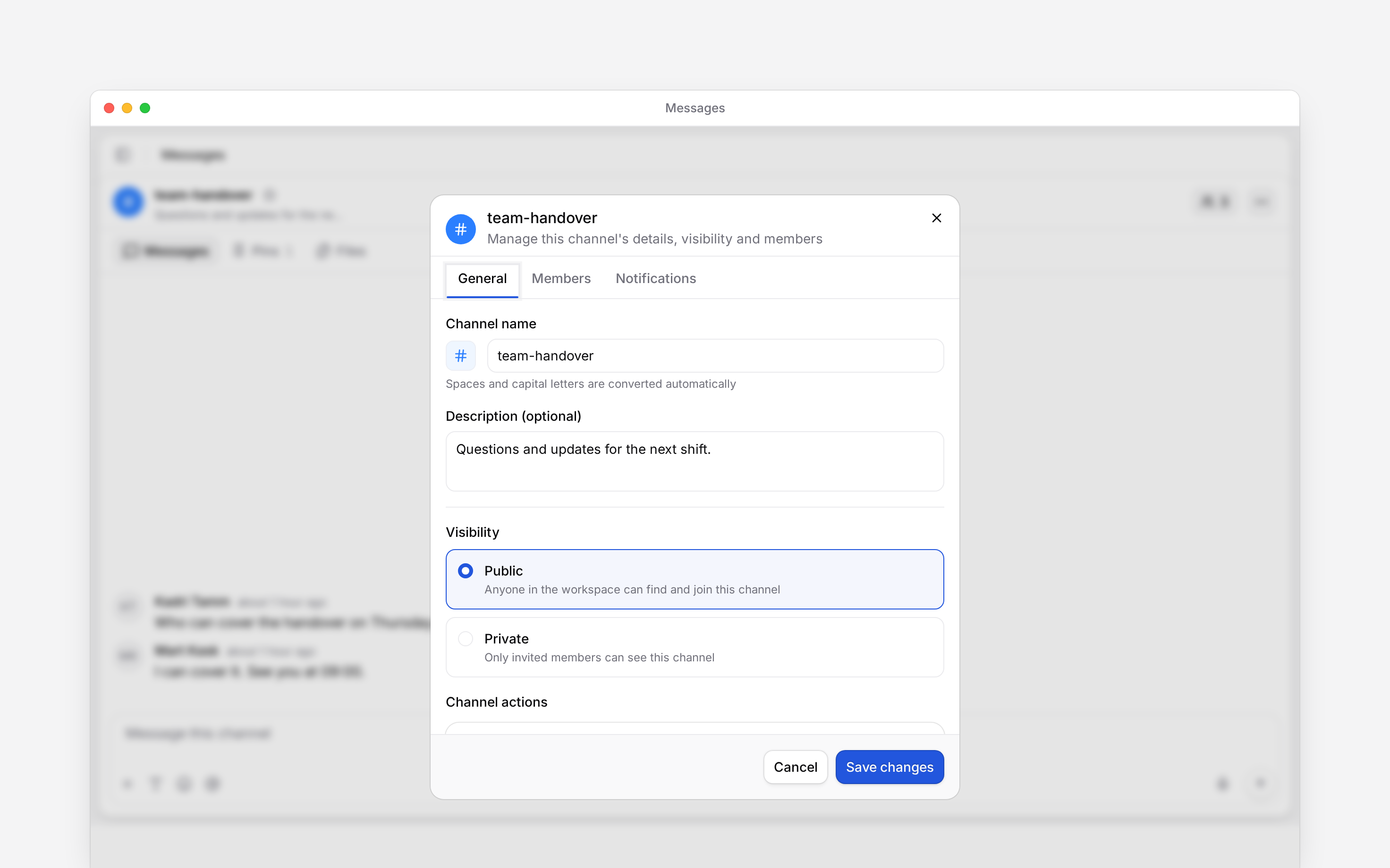 Channel settings showing the channel name and visibility choices