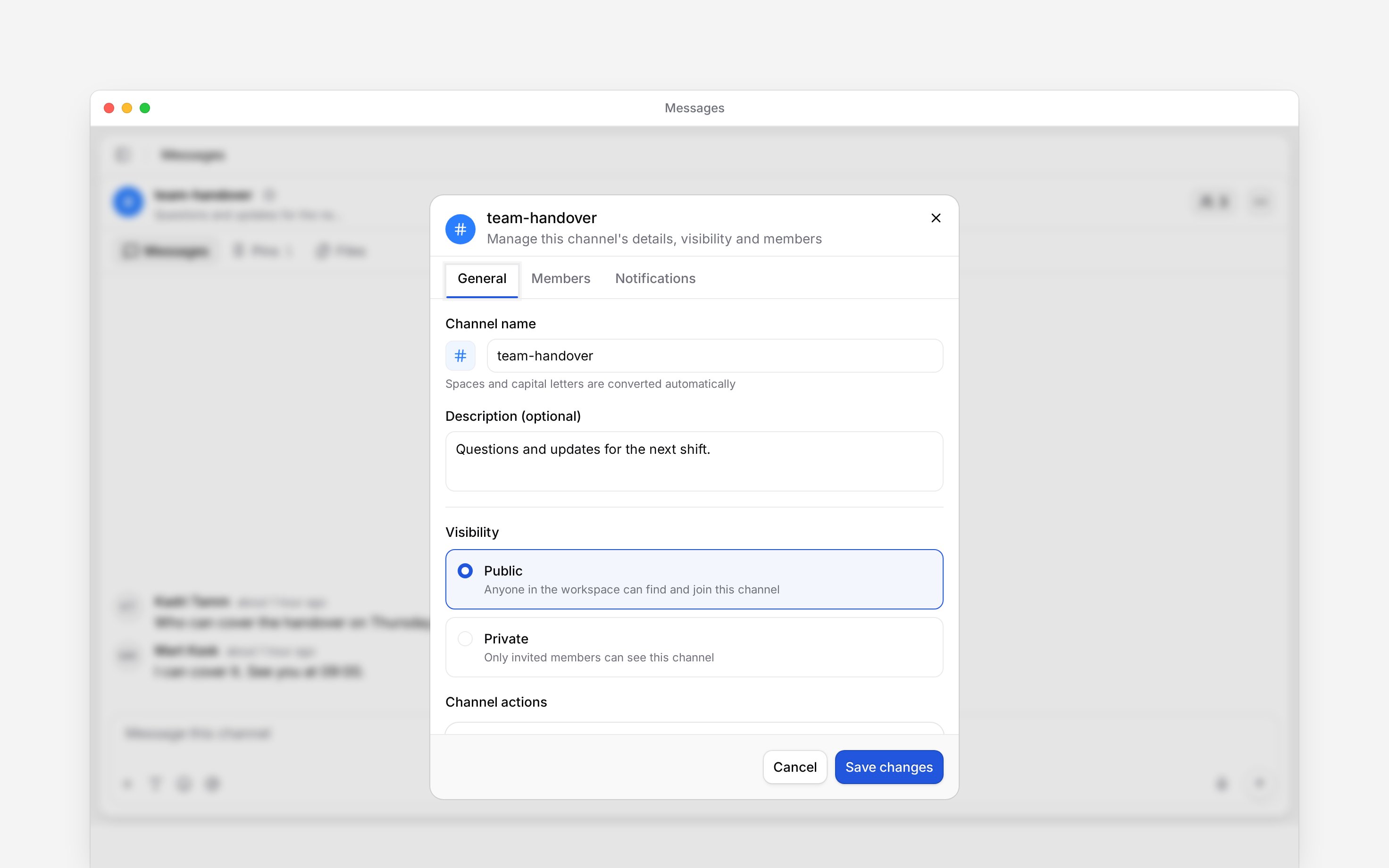 Channel settings showing the channel name and visibility choices