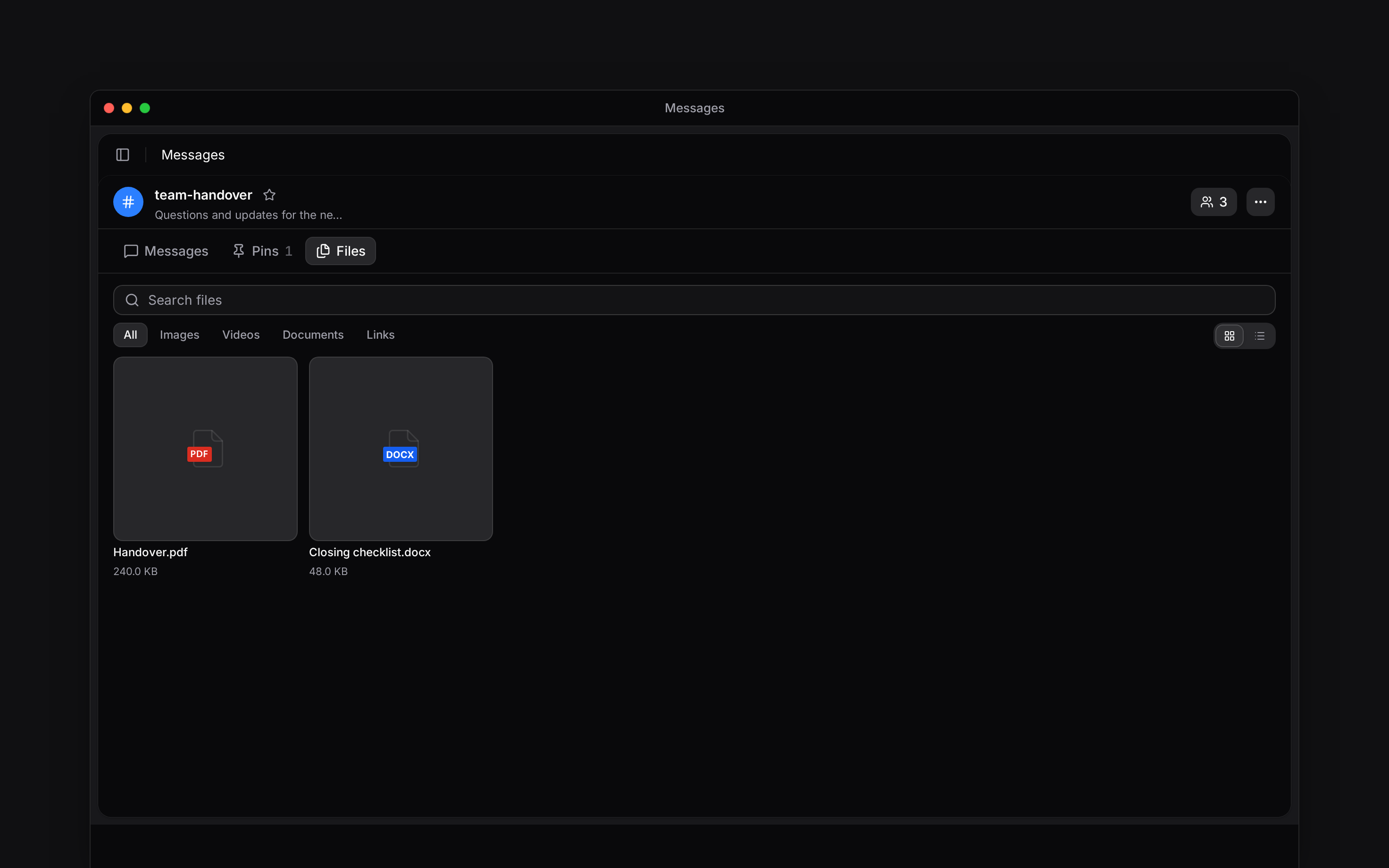 The Files tab showing shared documents and its file filters